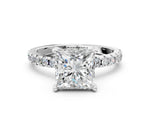 Princess Cut Diamond Hidden Halo Solitaire Ring in White gold with Round Pavé Band and Prong Setting_48