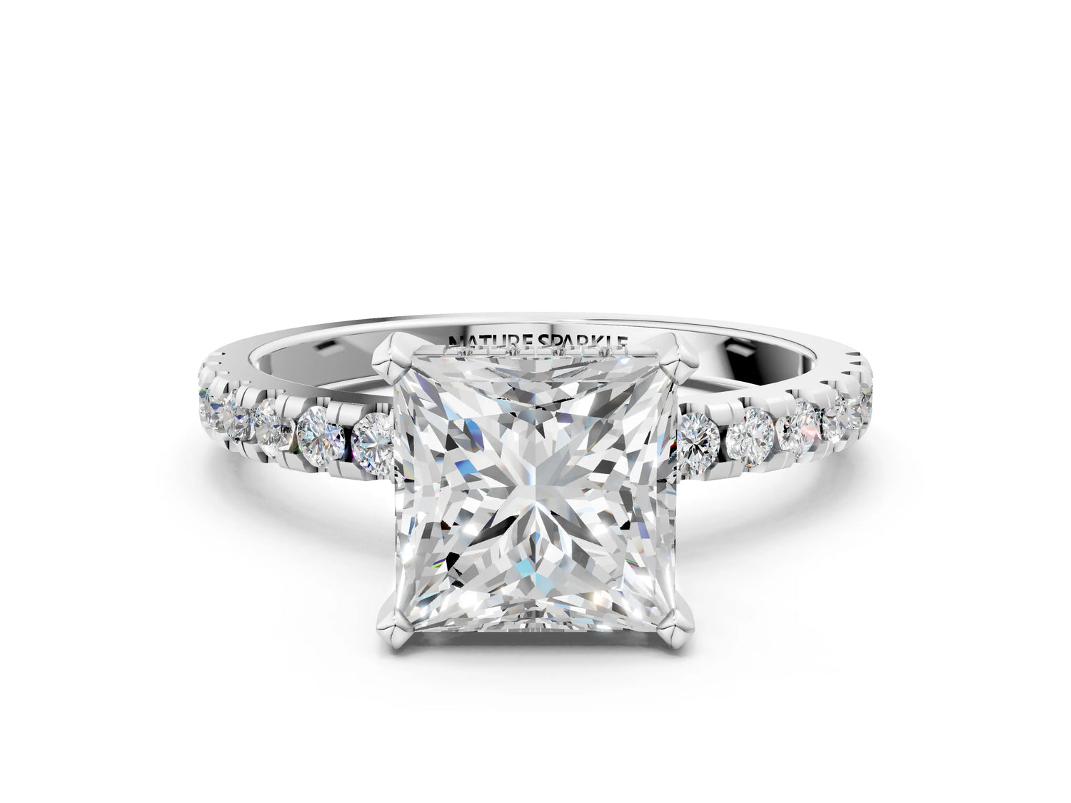 Princess Cut Diamond Hidden Halo Solitaire Ring in White gold with Round Pavé Band and Prong Setting_48