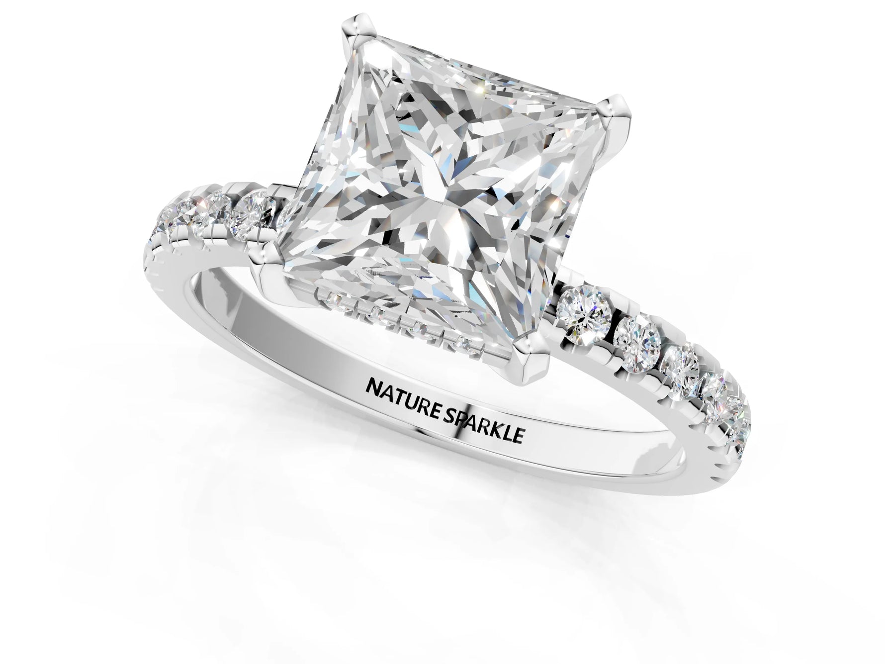 Princess Cut Diamond Hidden Halo Solitaire Ring in White gold with Round Pavé Band and Prong Setting_49