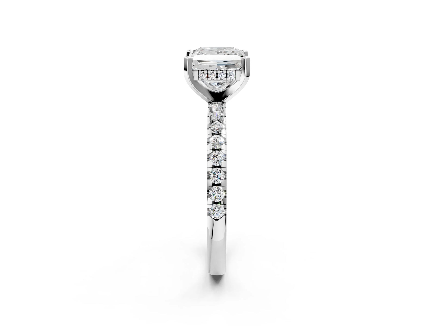 Princess Cut Diamond Hidden Halo Solitaire Ring in White gold with Round Pavé Band and Prong Setting_50