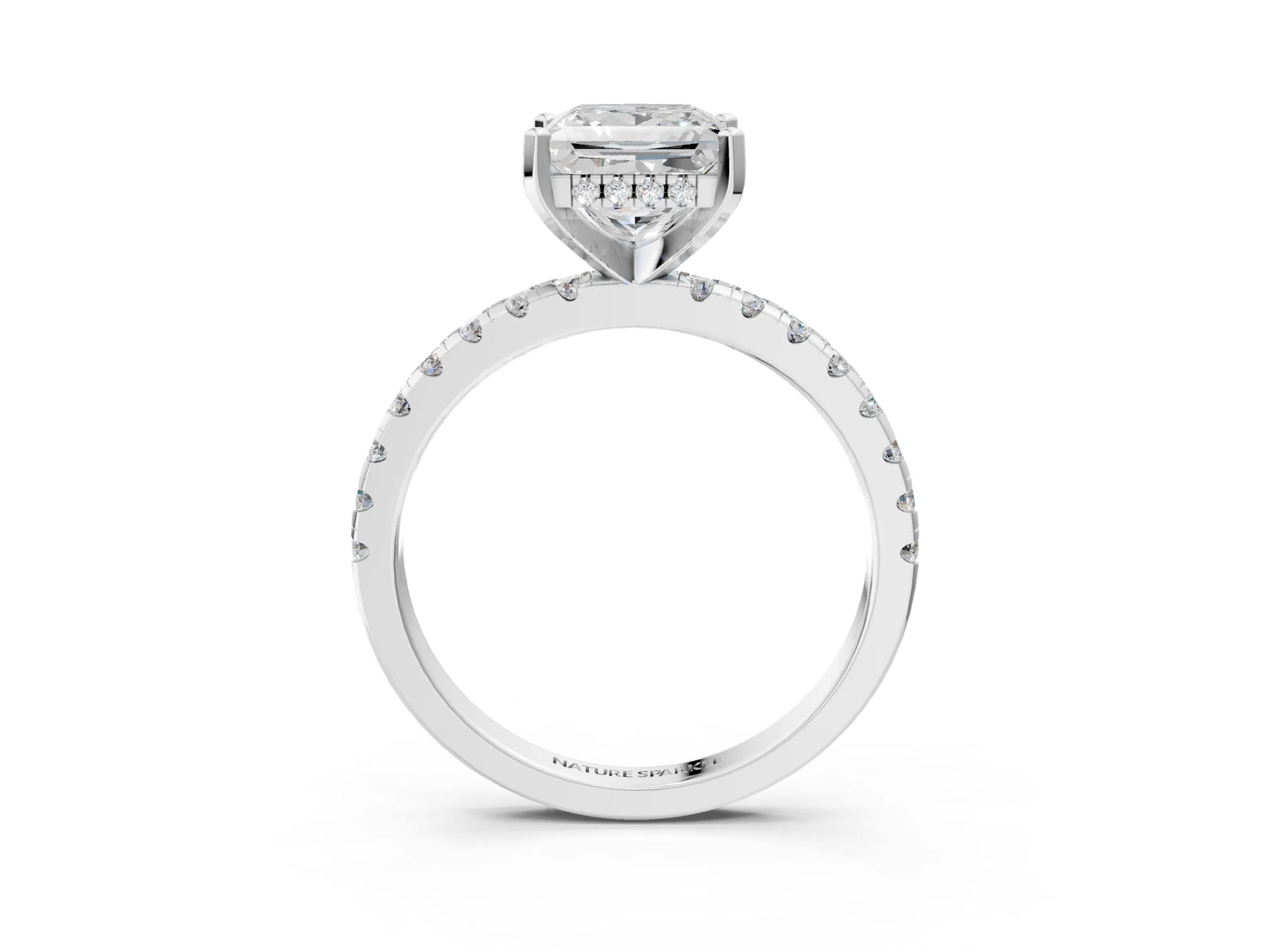 Princess Cut Diamond Hidden Halo Solitaire Ring in White gold with Round Pavé Band and Prong Setting_51