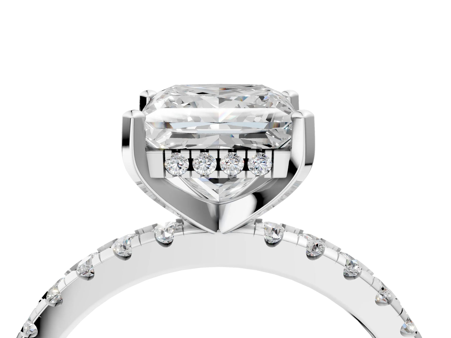 Princess Cut Diamond Hidden Halo Solitaire Ring in White gold with Round Pavé Band and Prong Setting_52