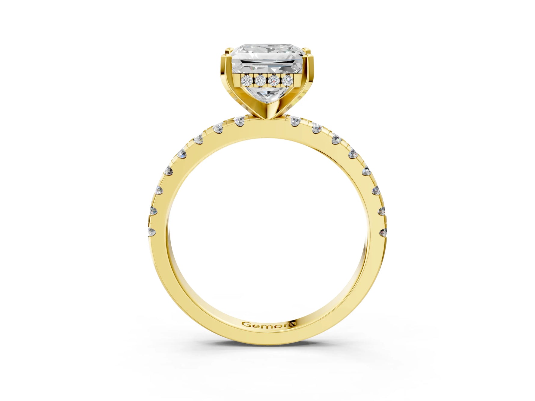 Princess Cut Diamond Hidden Halo Solitaire Ring in Yellow gold with Round Pavé Band and Prong Setting_39