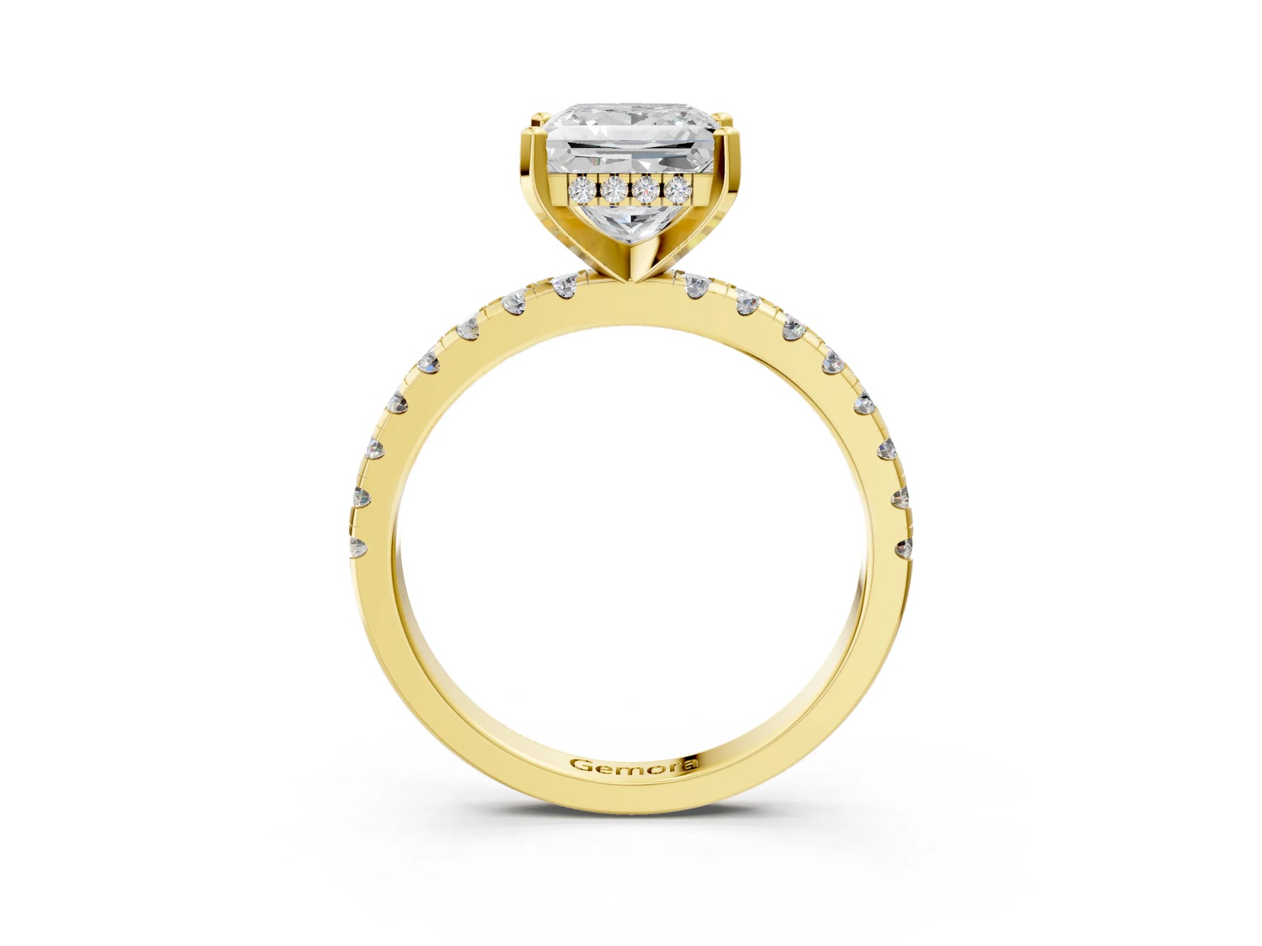 Princess Cut Diamond Hidden Halo Solitaire Ring in Yellow gold with Round Pavé Band and Prong Setting_45