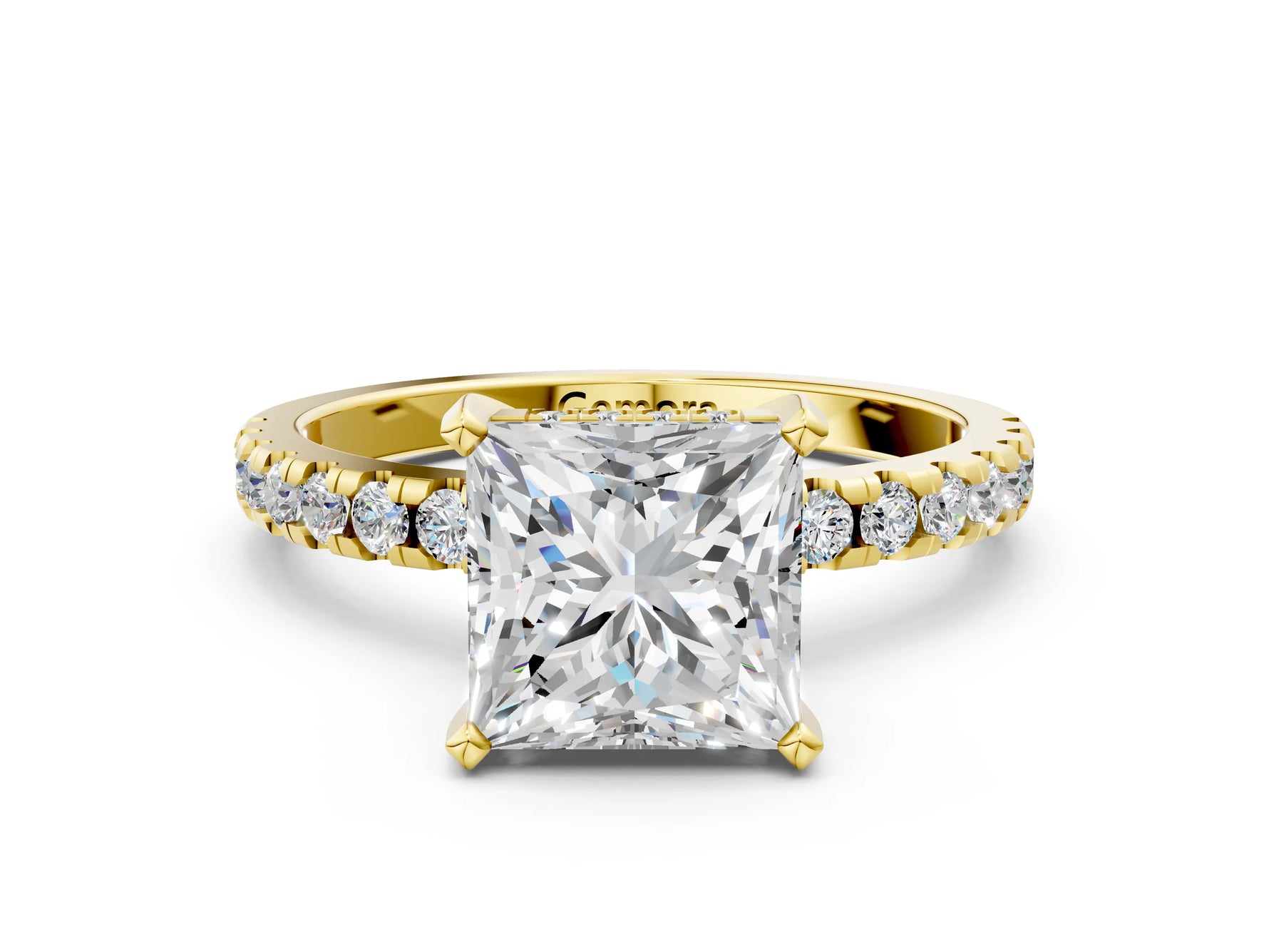 Princess Cut Diamond Hidden Halo Solitaire Ring in Yellow gold with Round Pavé Band and Prong Setting_48
