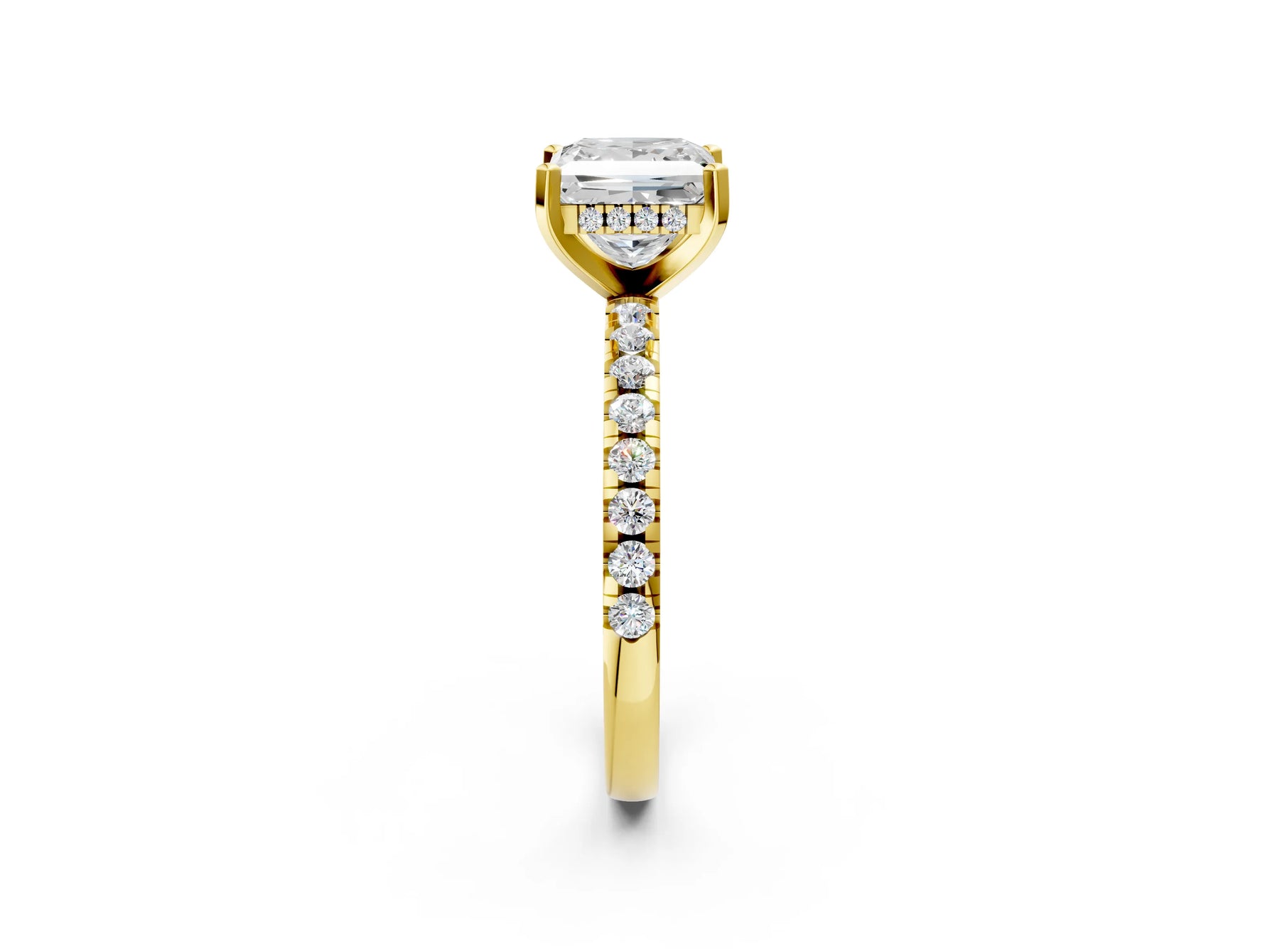 Princess Cut Diamond Hidden Halo Solitaire Ring in Yellow gold with Round Pavé Band and Prong Setting_50