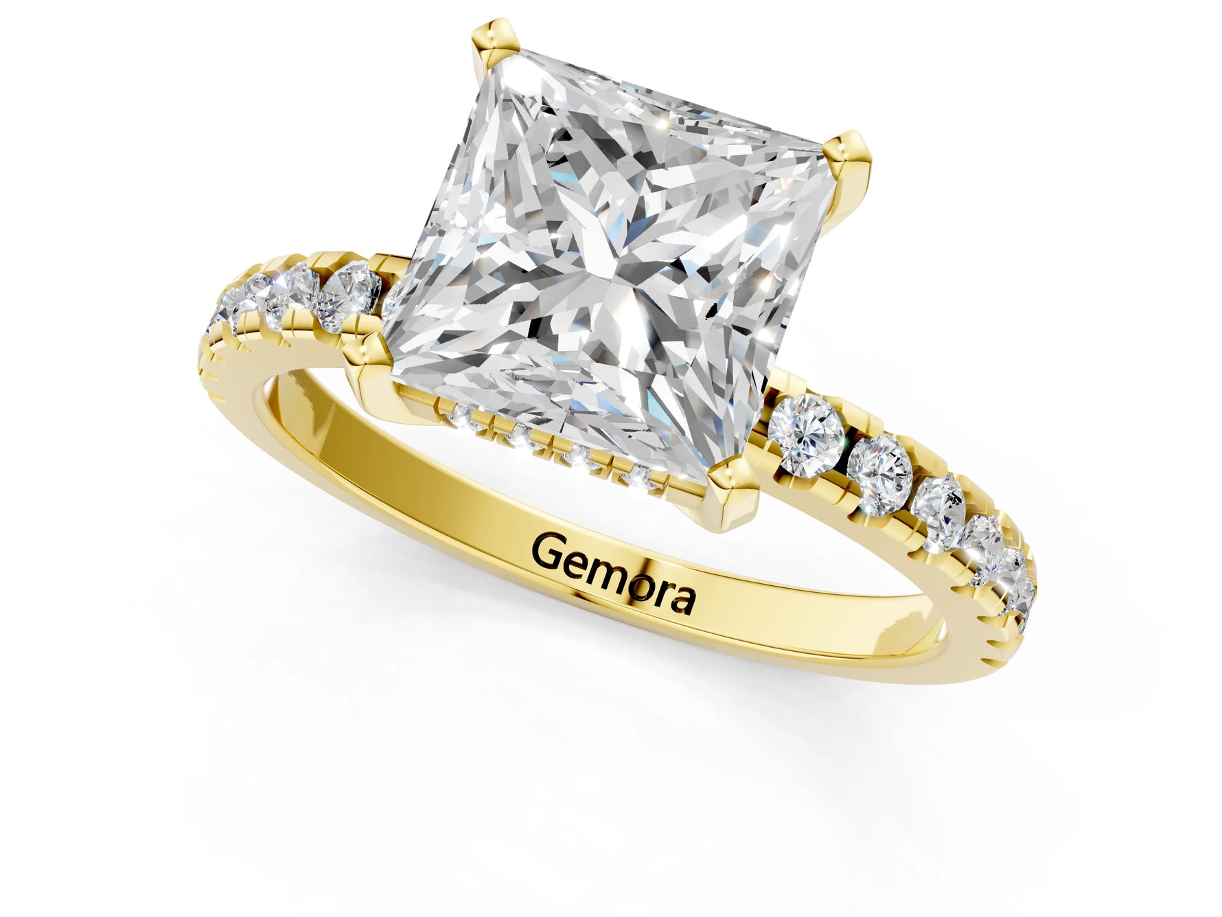 Princess Cut Diamond Hidden Halo Solitaire Ring in Yellow gold with Round Pavé Band and Prong Setting_55