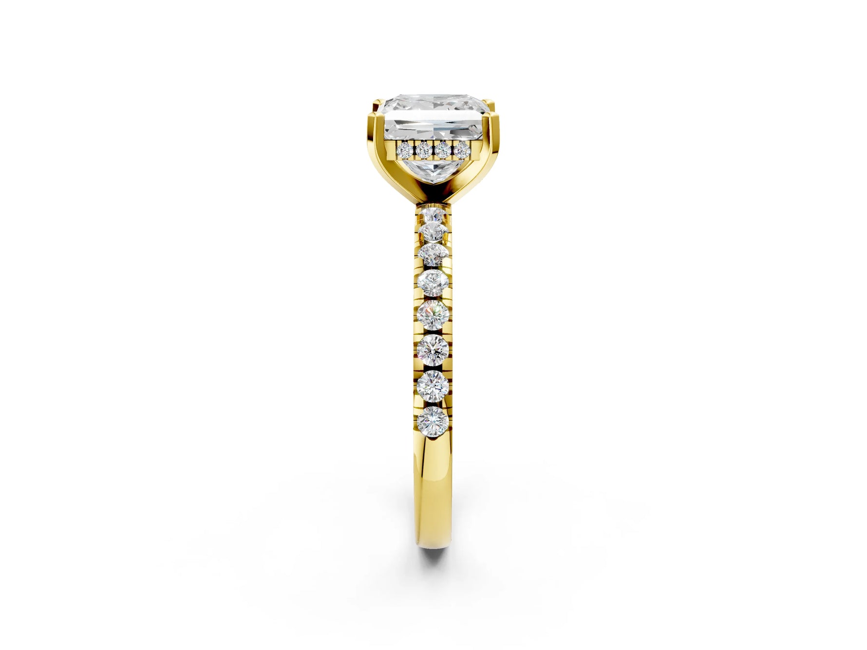 Princess Cut Diamond Hidden Halo Solitaire Ring in Yellow gold with Round Pavé Band and Prong Setting_56