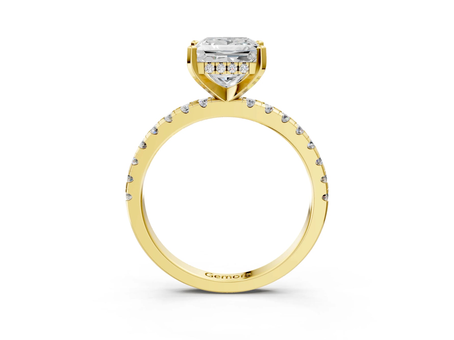 Princess Cut Diamond Hidden Halo Solitaire Ring in Yellow gold with Round Pavé Band and Prong Setting_57