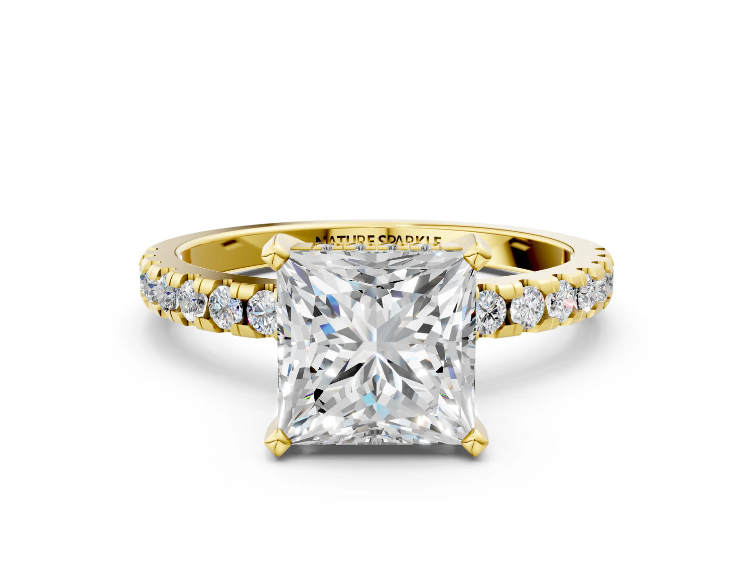Princess Cut Diamond Hidden Halo Solitaire Ring in Yellow gold with Round Pavé Band and Prong Setting_84