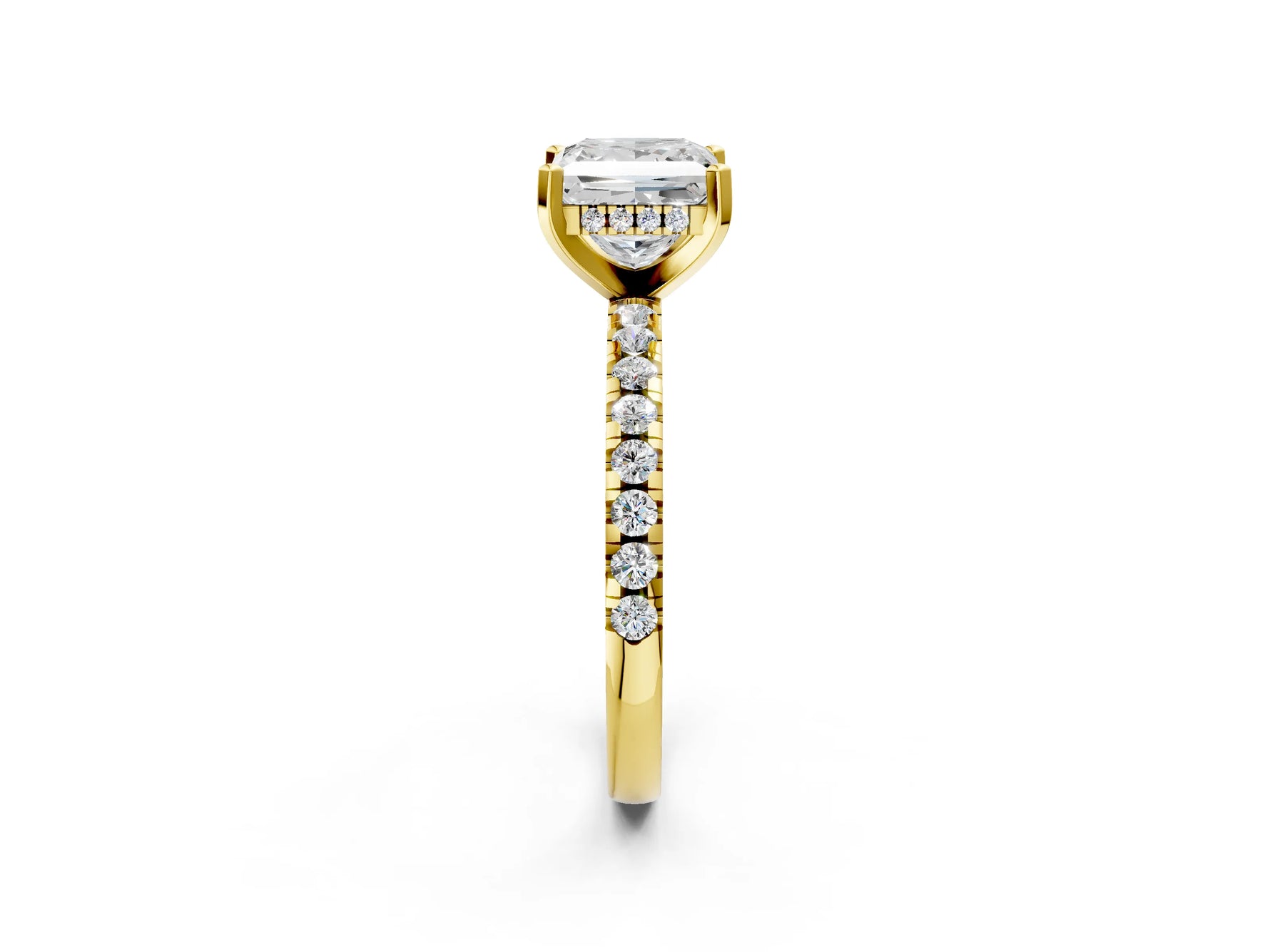 Princess Cut Diamond Hidden Halo Solitaire Ring in Yellow gold with Round Pavé Band and Prong Setting_86