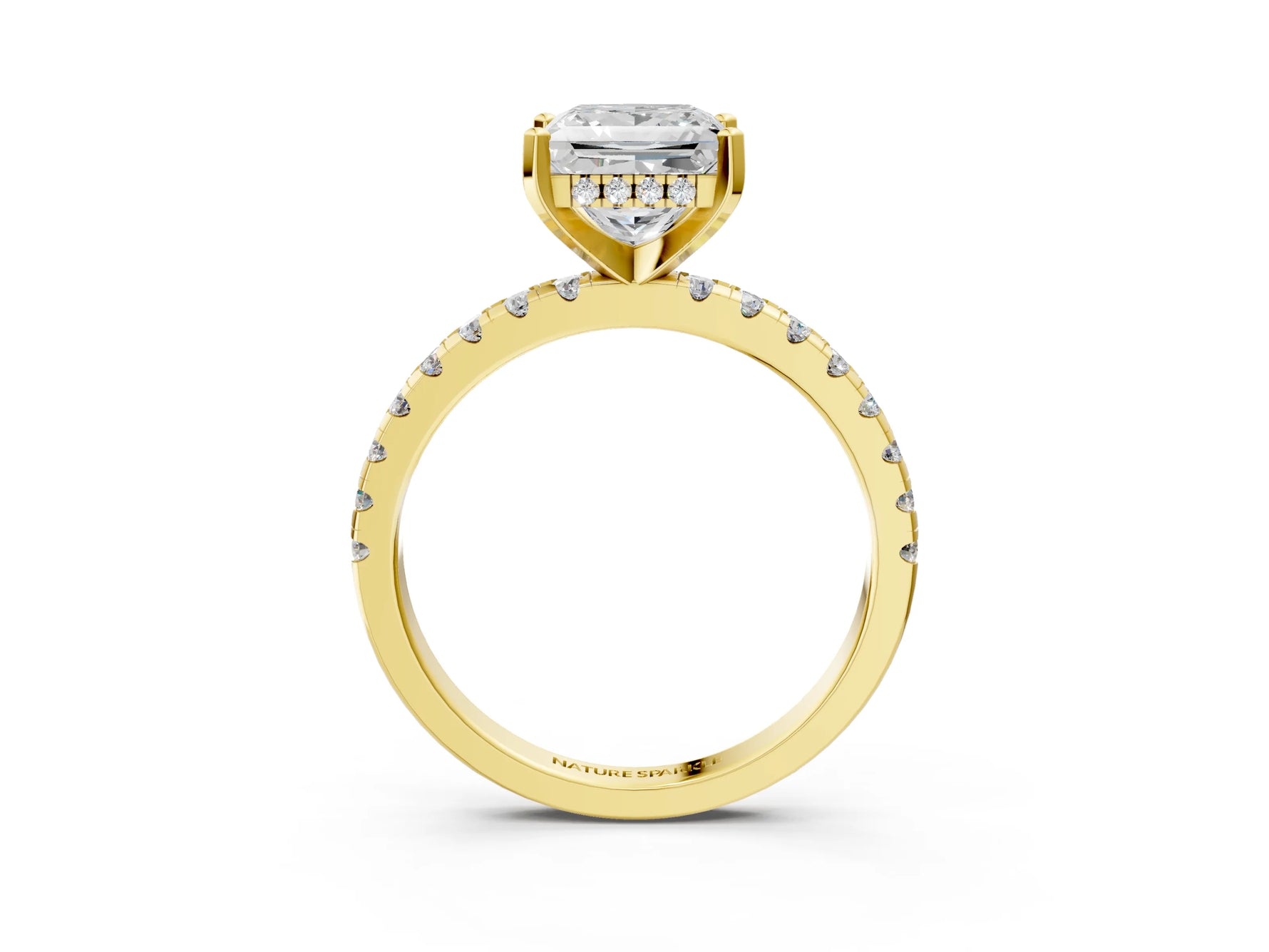 Princess Cut Diamond Hidden Halo Solitaire Ring in Yellow gold with Round Pavé Band and Prong Setting_87