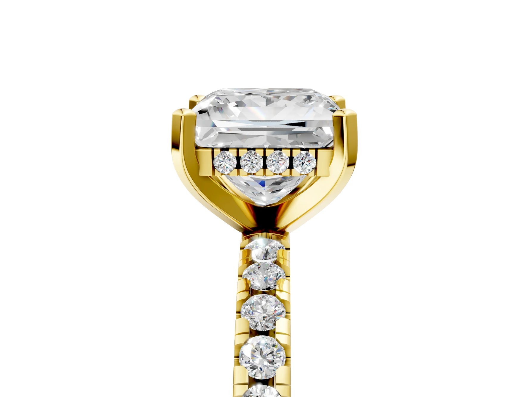 Princess Cut Diamond Hidden Halo Solitaire Ring in Yellow gold with Round Pavé Band and Prong Setting_89