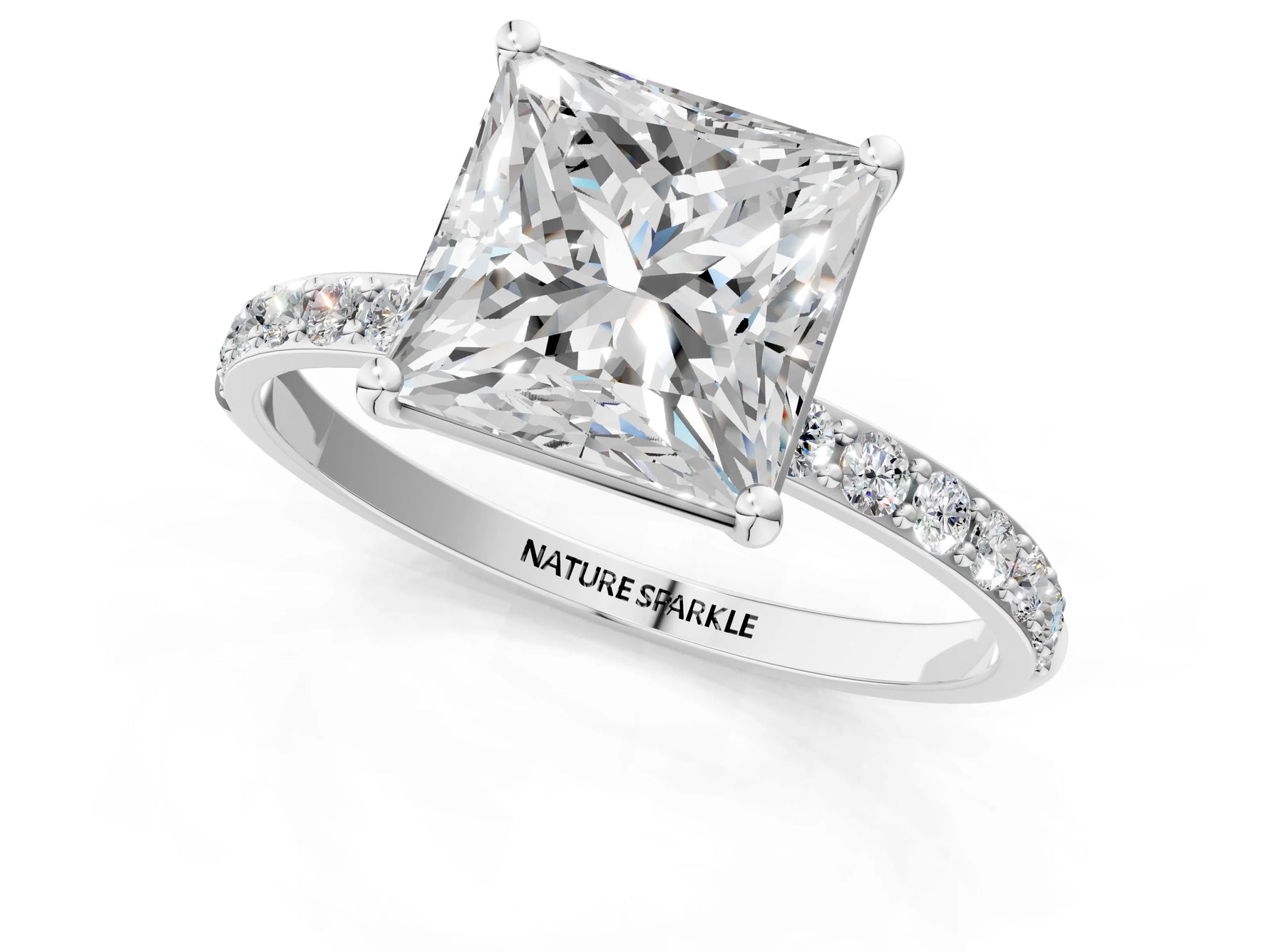 Princess Cut Diamond Pavé Band Solitaire Ring in White gold with Round Accents_25