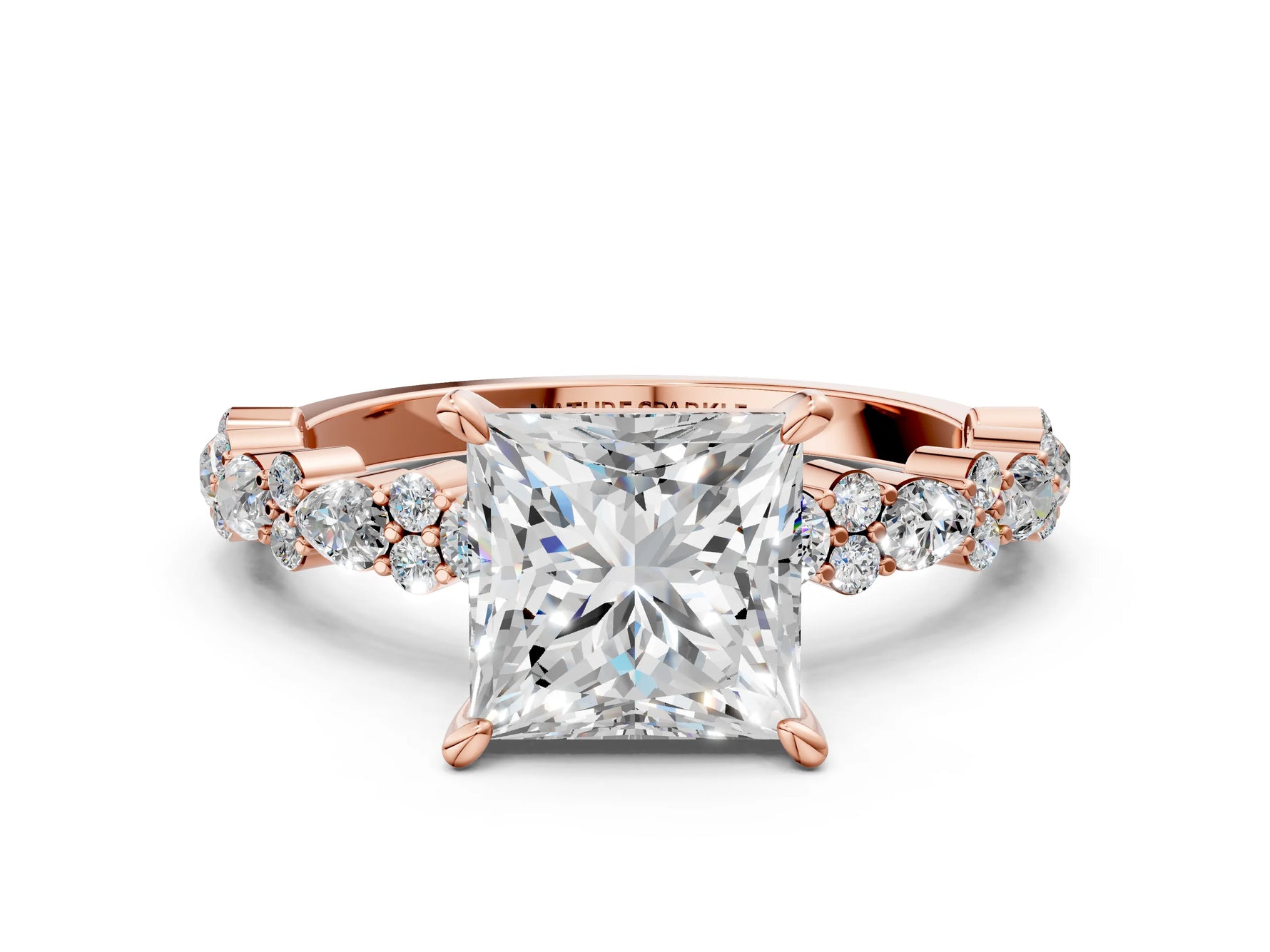 Princess Cut Diamond Solitaire Ring in Rose gold with Pear and Round Cluster Band_12