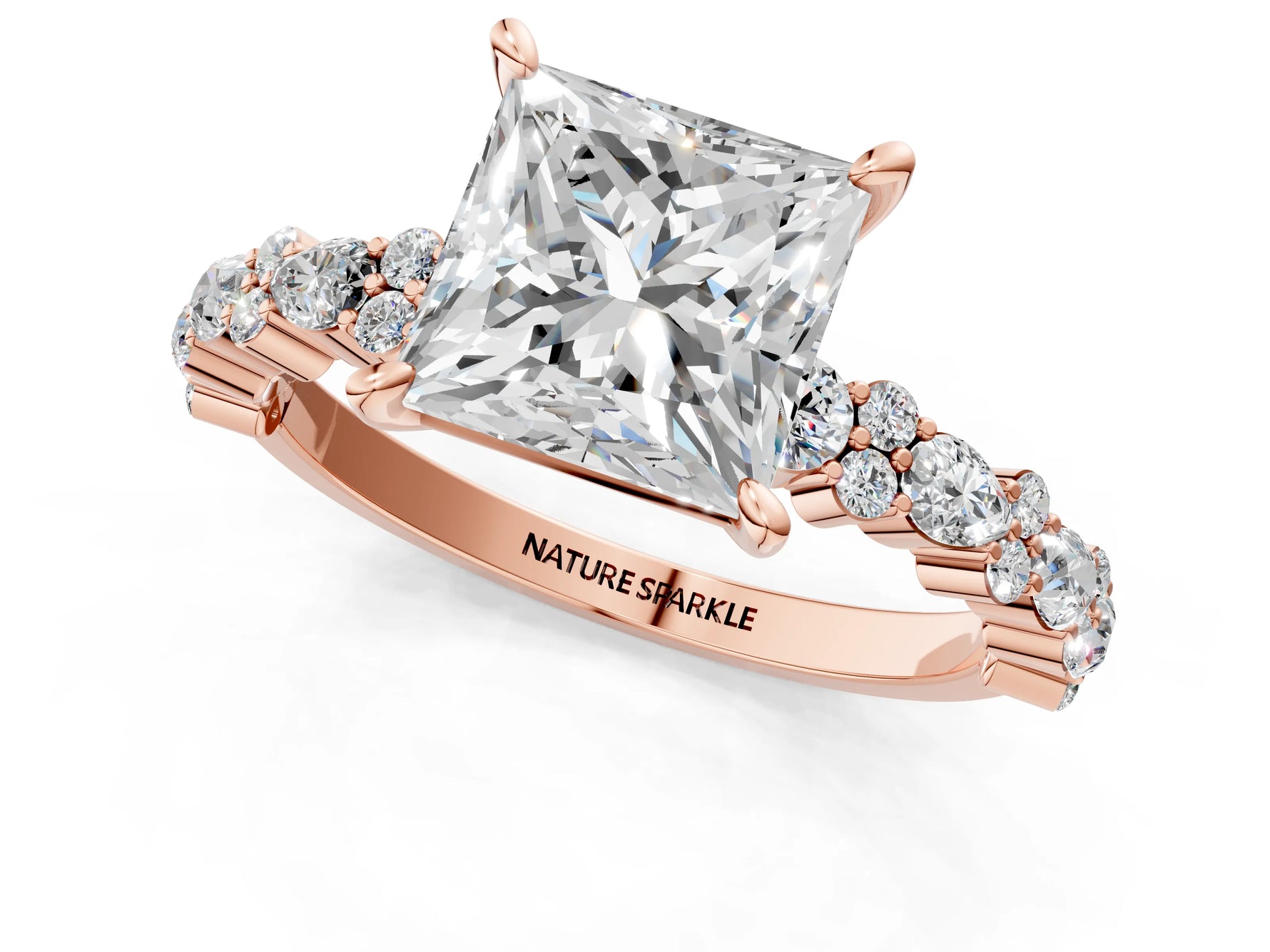 Princess Cut Diamond Solitaire Ring in Rose gold with Pear and Round Cluster Band_13