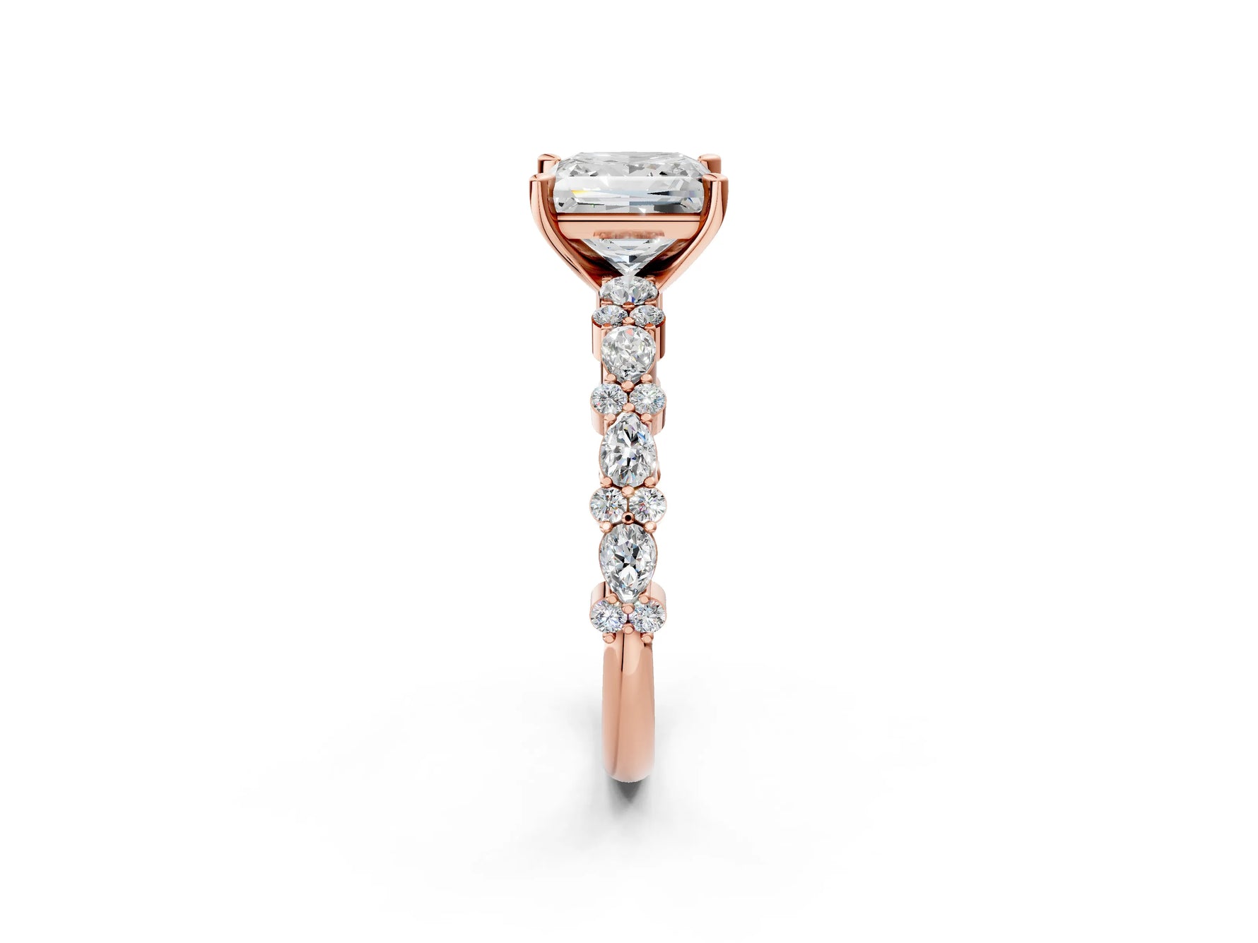Princess Cut Diamond Solitaire Ring in Rose gold with Pear and Round Cluster Band_14