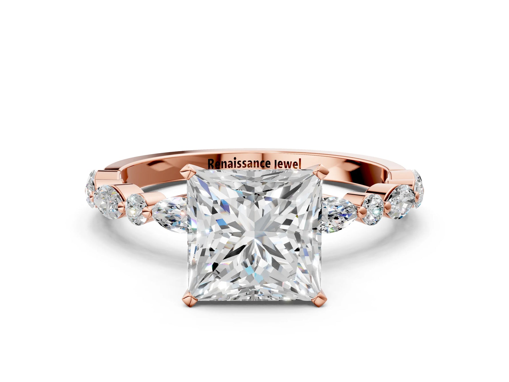 Princess Cut Diamond Solitaire Ring in Rose gold with Shared Prong Marquise and Round Side Stones_12
