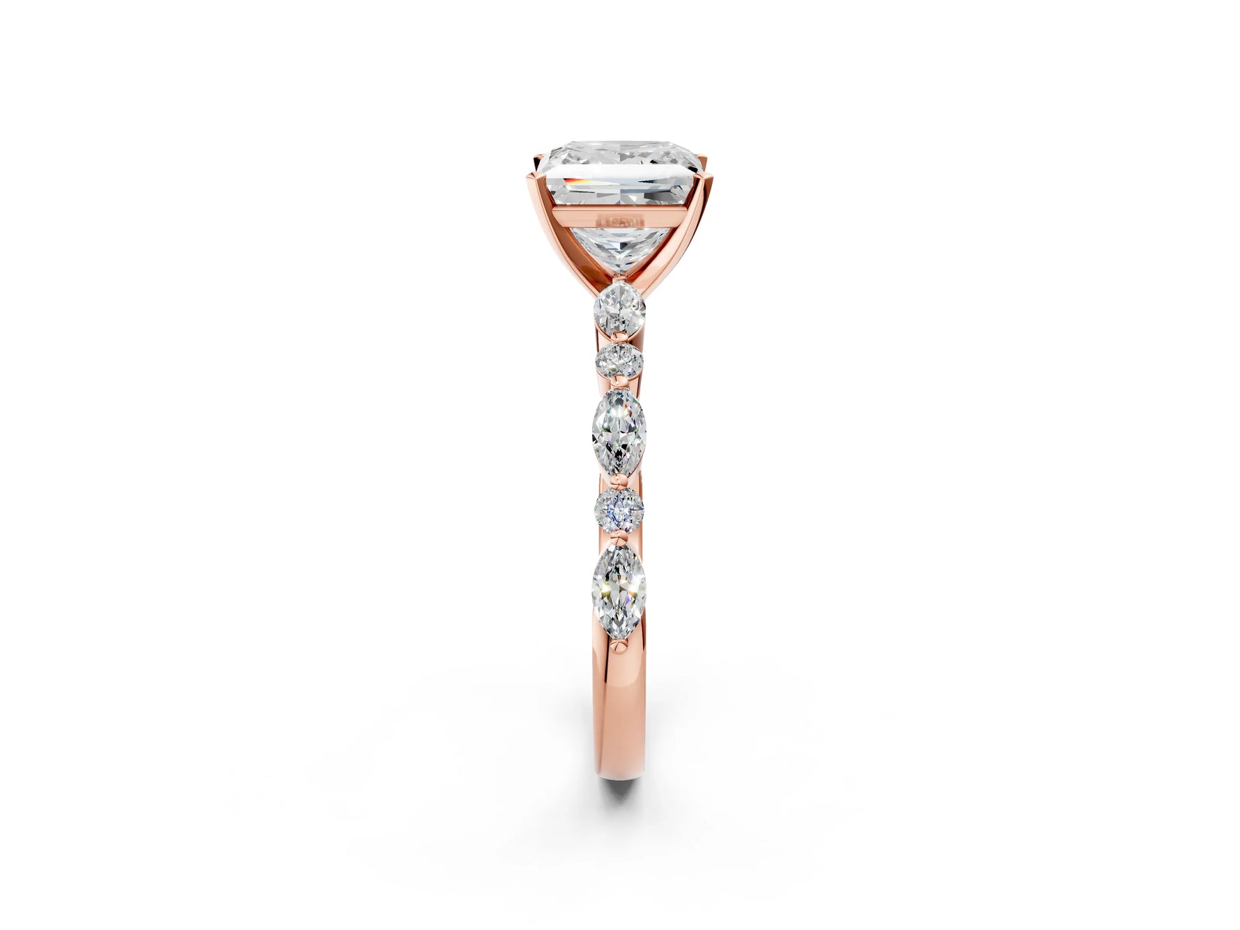 Princess Cut Diamond Solitaire Ring in Rose gold with Shared Prong Marquise and Round Side Stones_14