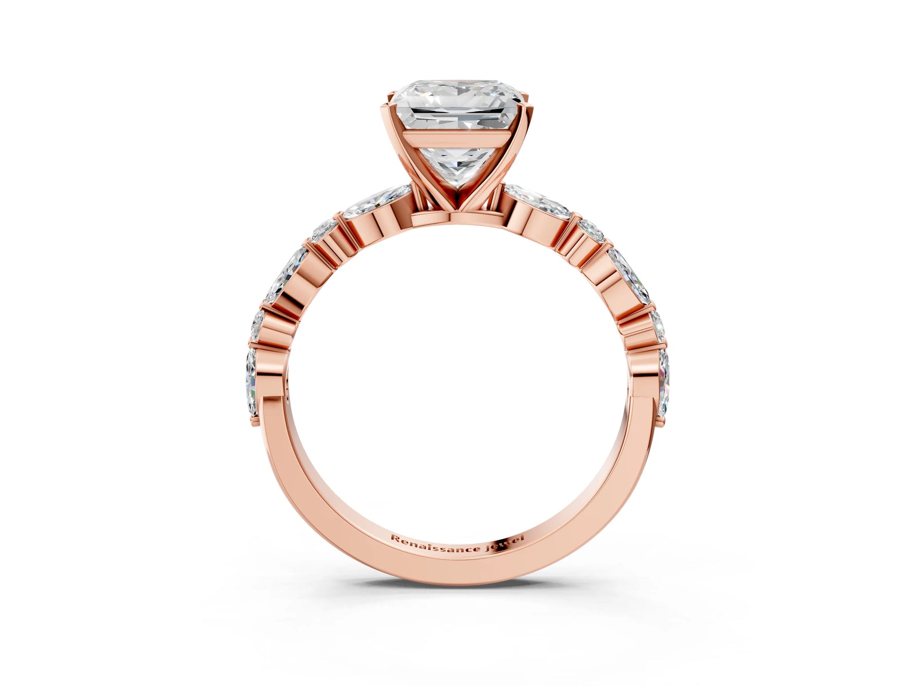 Princess Cut Diamond Solitaire Ring in Rose gold with Shared Prong Marquise and Round Side Stones_15