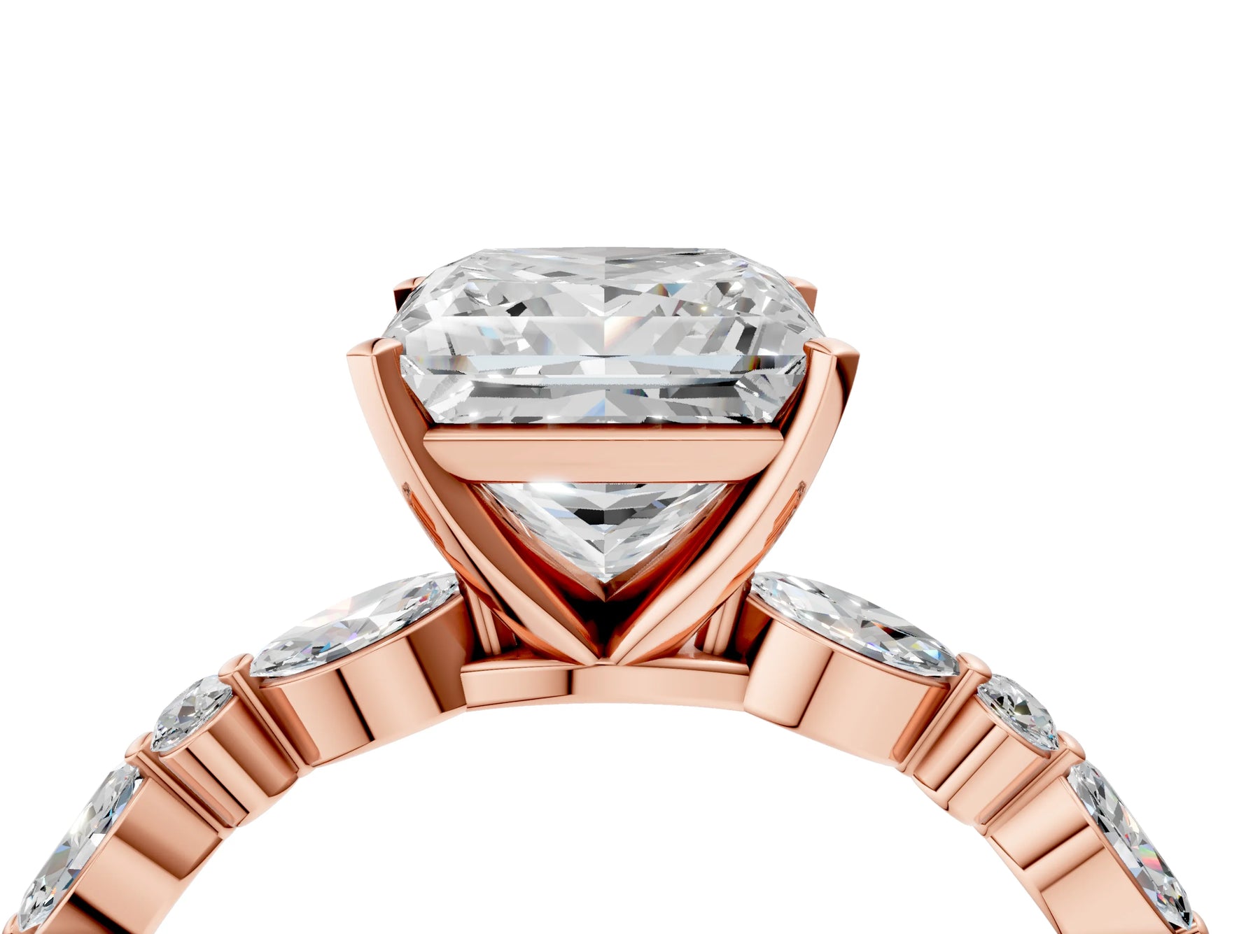 Princess Cut Diamond Solitaire Ring in Rose gold with Shared Prong Marquise and Round Side Stones_16