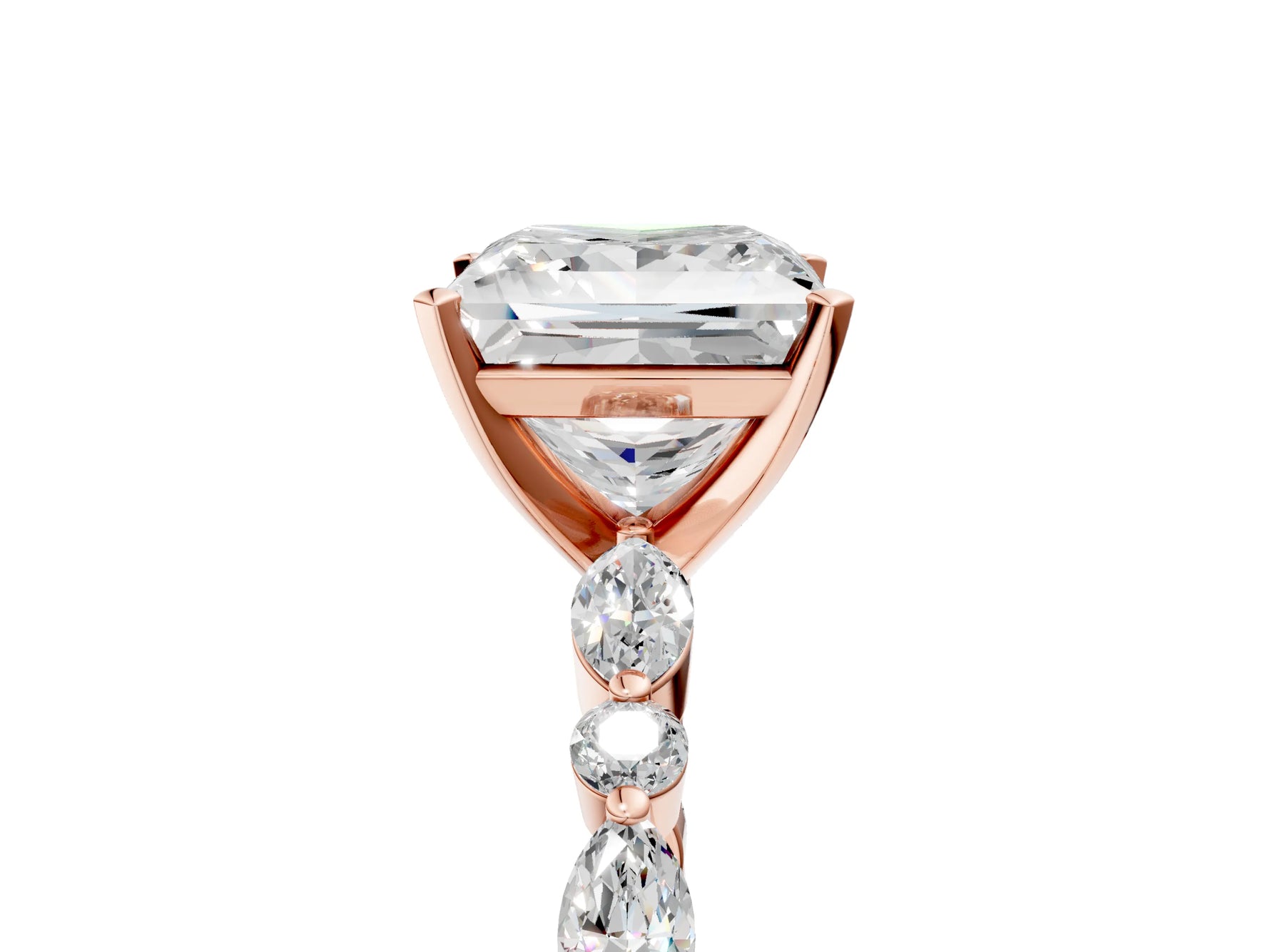 Princess Cut Diamond Solitaire Ring in Rose gold with Shared Prong Marquise and Round Side Stones_17