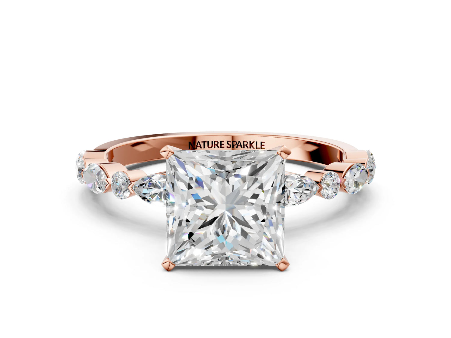 Princess Cut Diamond Solitaire Ring in Rose gold with Shared Prong Marquise and Round Side Stones_36