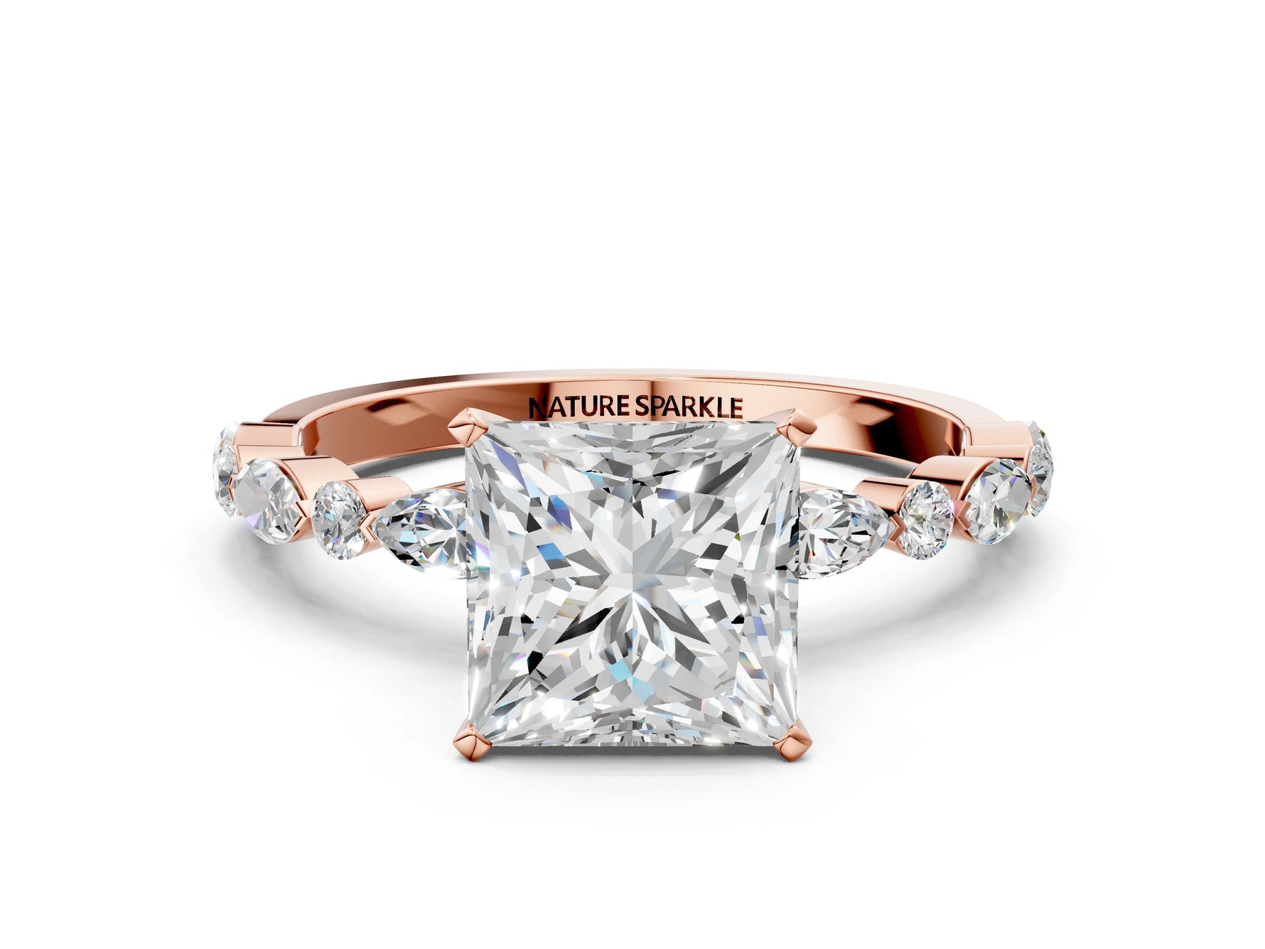 Princess Cut Diamond Solitaire Ring in Rose gold with Shared Prong Marquise and Round Side Stones_36