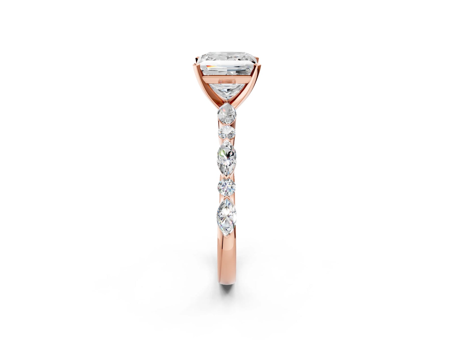 Princess Cut Diamond Solitaire Ring in Rose gold with Shared Prong Marquise and Round Side Stones_38