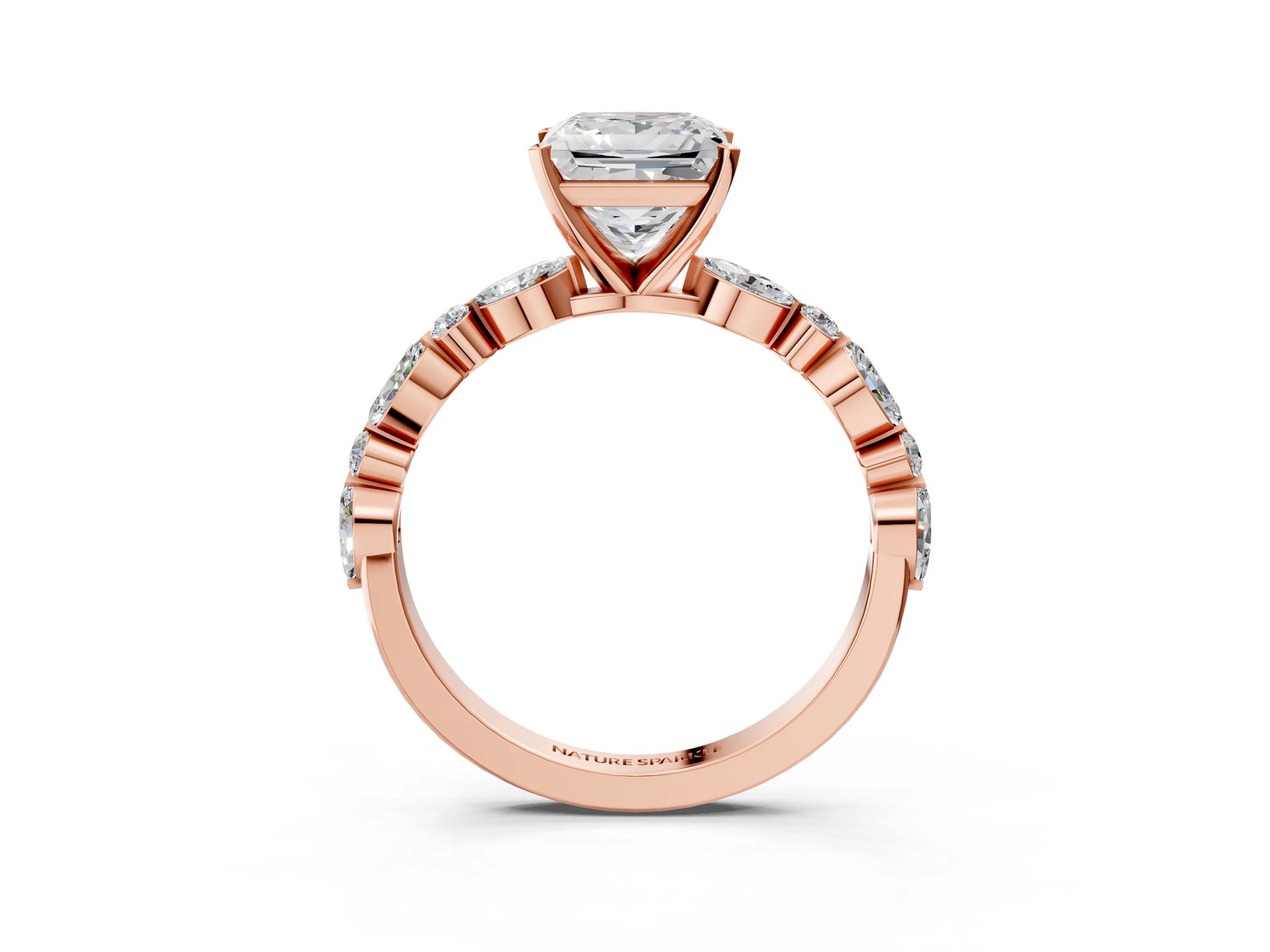 Princess Cut Diamond Solitaire Ring in Rose gold with Shared Prong Marquise and Round Side Stones_39