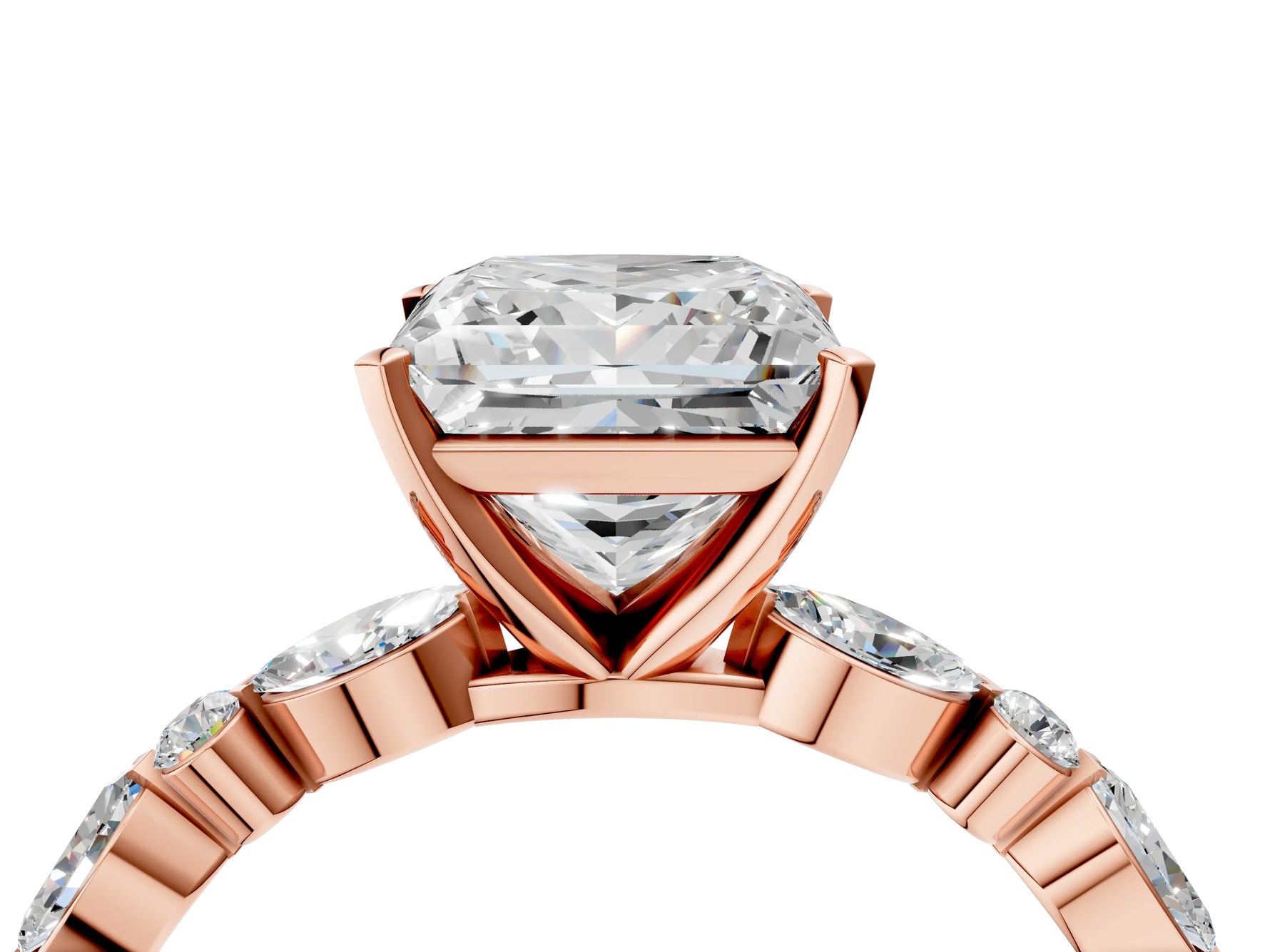 Princess Cut Diamond Solitaire Ring in Rose gold with Shared Prong Marquise and Round Side Stones_40