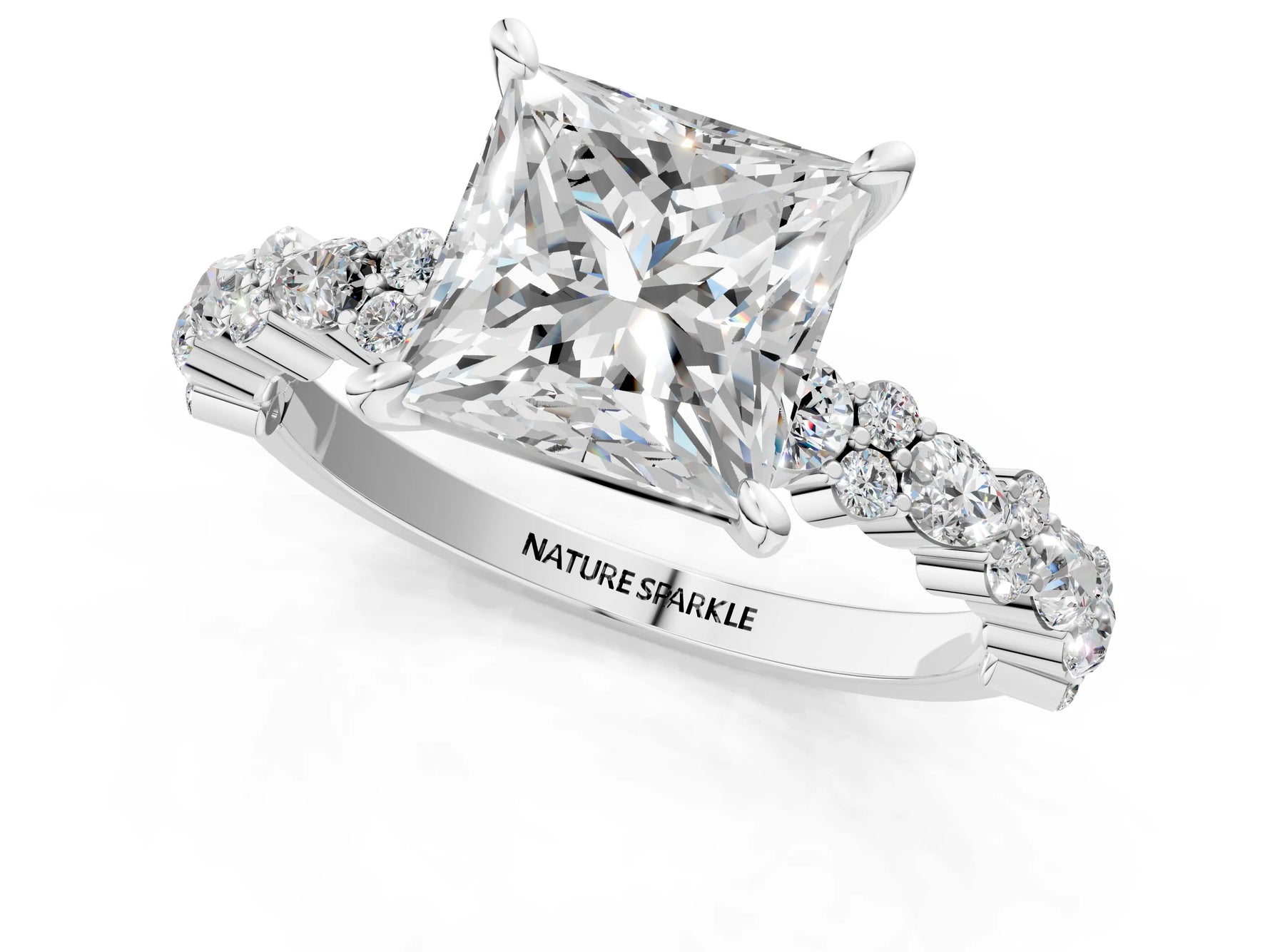 Princess Cut Diamond Solitaire Ring in White gold with Pear and Round Cluster Band_13