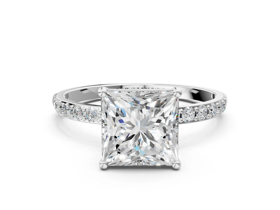 Princess Cut Diamond Solitaire Ring in Platinum with Round Pavé Band