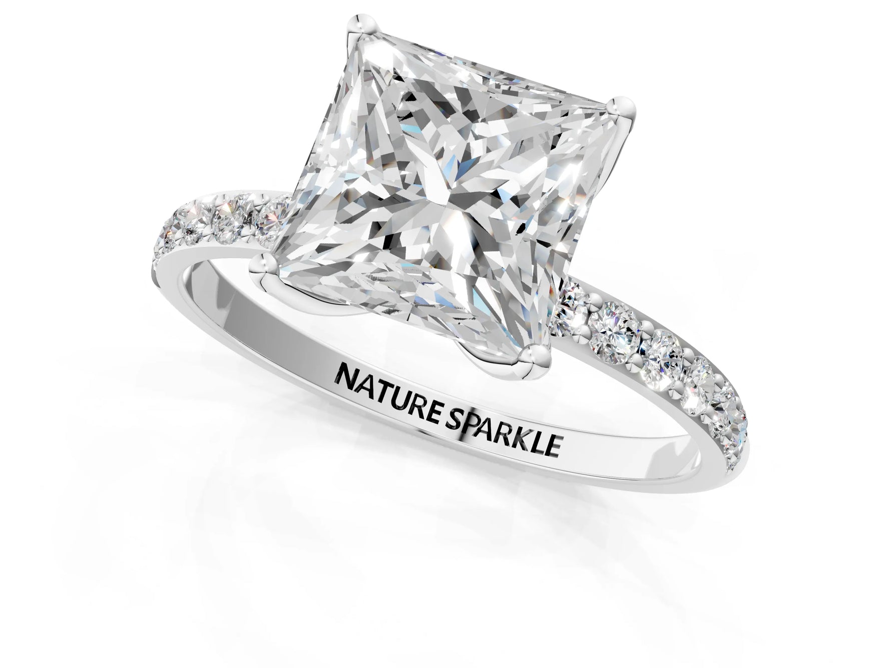 Princess Cut Diamond Solitaire Ring in White gold with Round Shared Prong Pavé Band_19