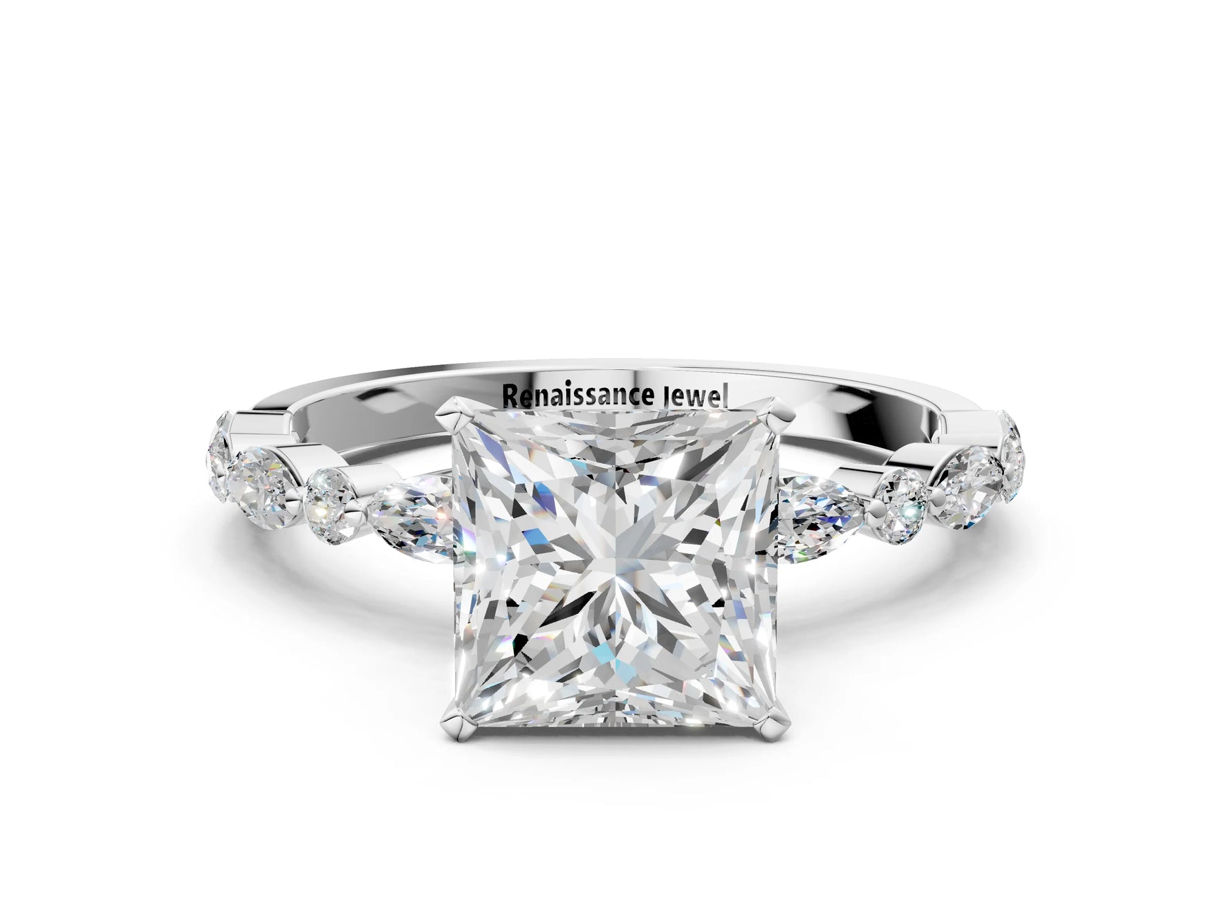 Princess Cut Diamond Solitaire Ring in White gold with Shared Prong Marquise and Round Side Stones_12