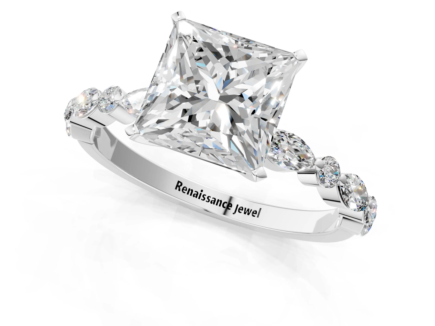 Princess Cut Diamond Solitaire Ring in White gold with Shared Prong Marquise and Round Side Stones_13