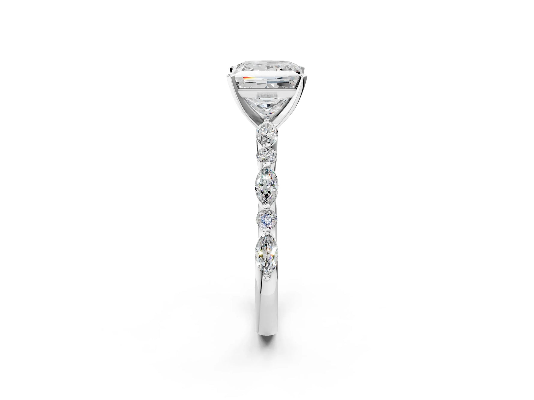 Princess Cut Diamond Solitaire Ring in White gold with Shared Prong Marquise and Round Side Stones_14