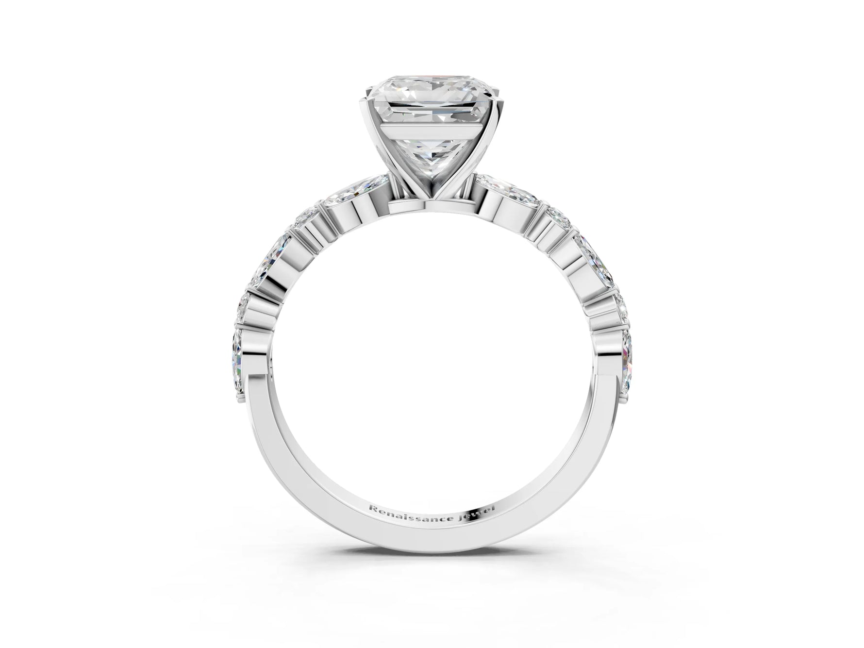 Princess Cut Diamond Solitaire Ring in White gold with Shared Prong Marquise and Round Side Stones_15