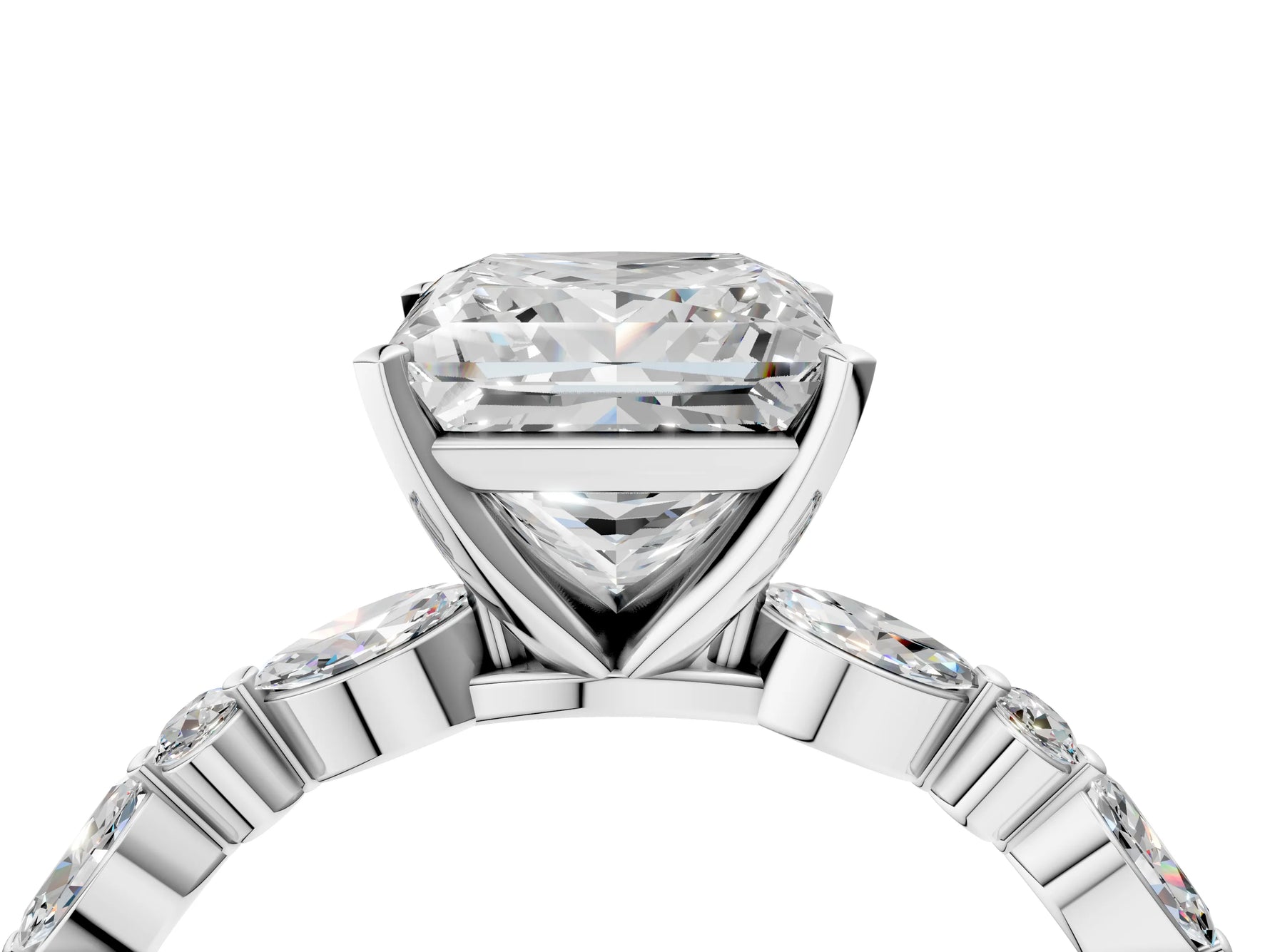 Princess Cut Diamond Solitaire Ring in White gold with Shared Prong Marquise and Round Side Stones_16