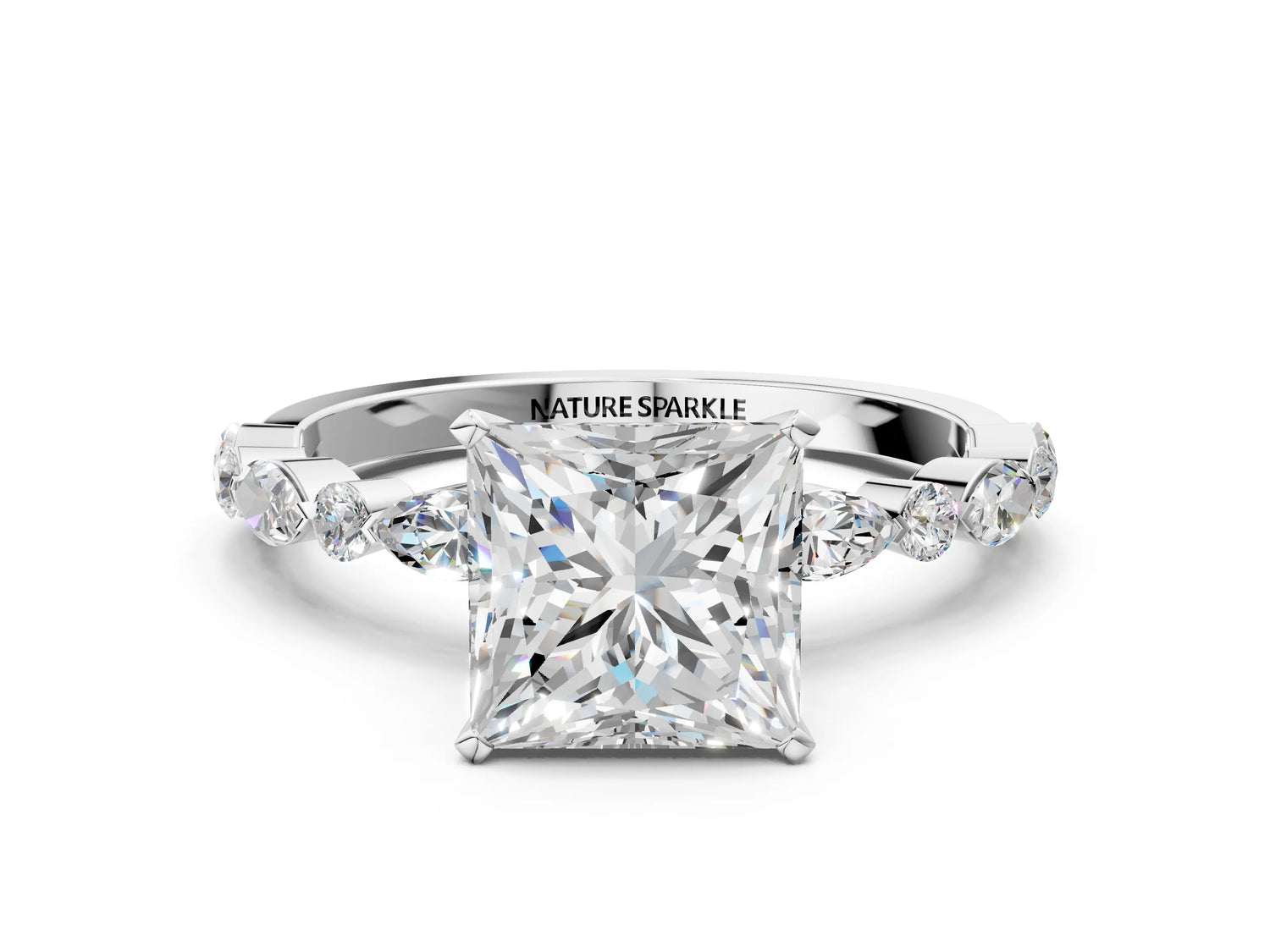 Princess Cut Diamond Solitaire Ring in White gold with Shared Prong Marquise and Round Side Stones_36