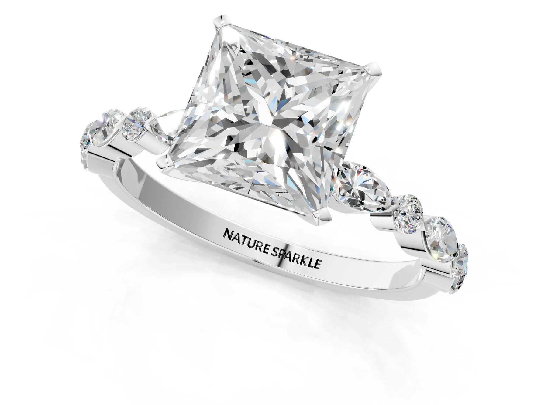 Princess Cut Diamond Solitaire Ring in White gold with Shared Prong Marquise and Round Side Stones_37