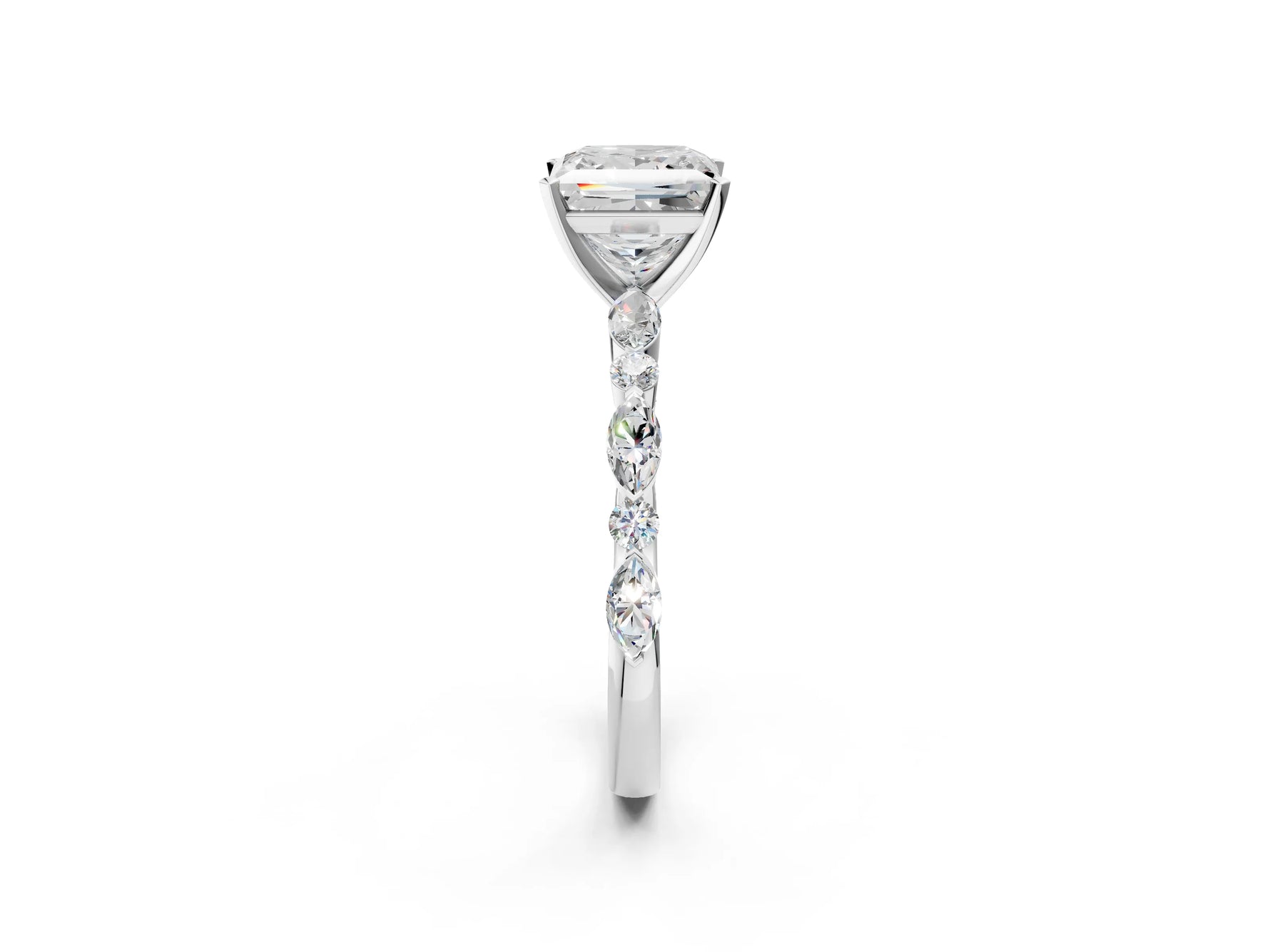Princess Cut Diamond Solitaire Ring in White gold with Shared Prong Marquise and Round Side Stones_38