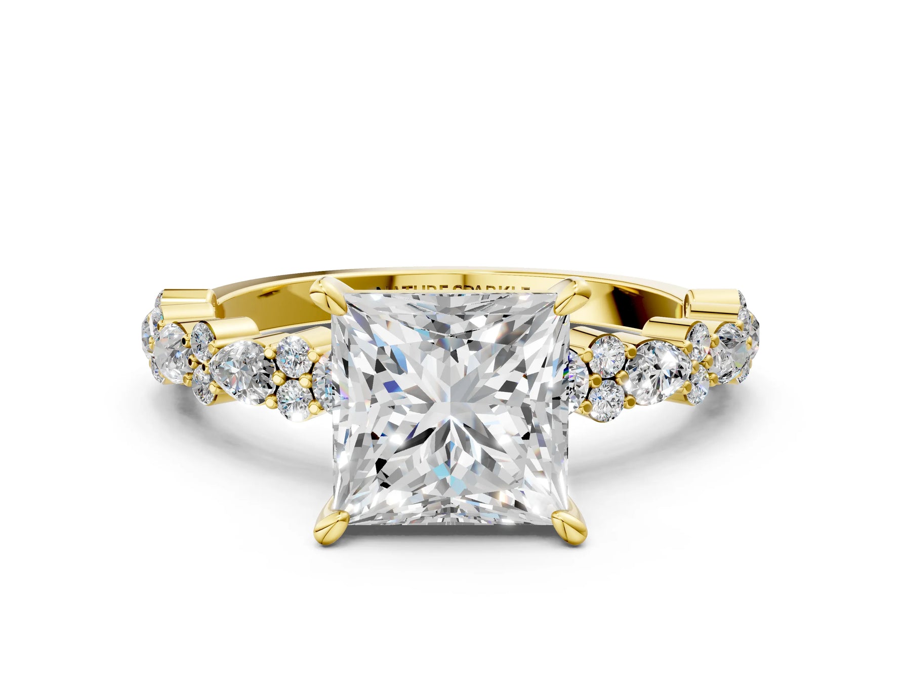 Princess Cut Diamond Solitaire Ring in Yellow gold with Pear and Round Cluster Band_12