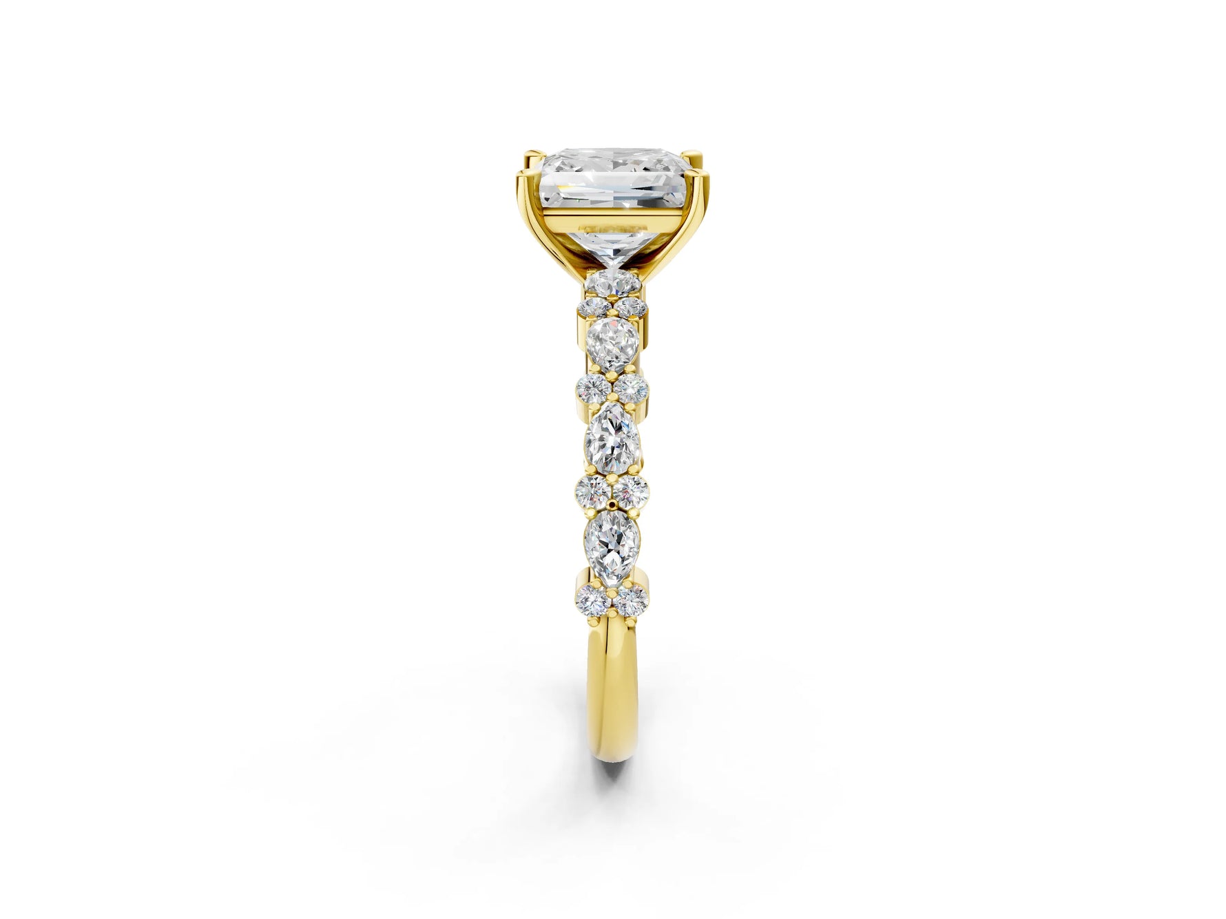 Princess Cut Diamond Solitaire Ring in Yellow gold with Pear and Round Cluster Band_14