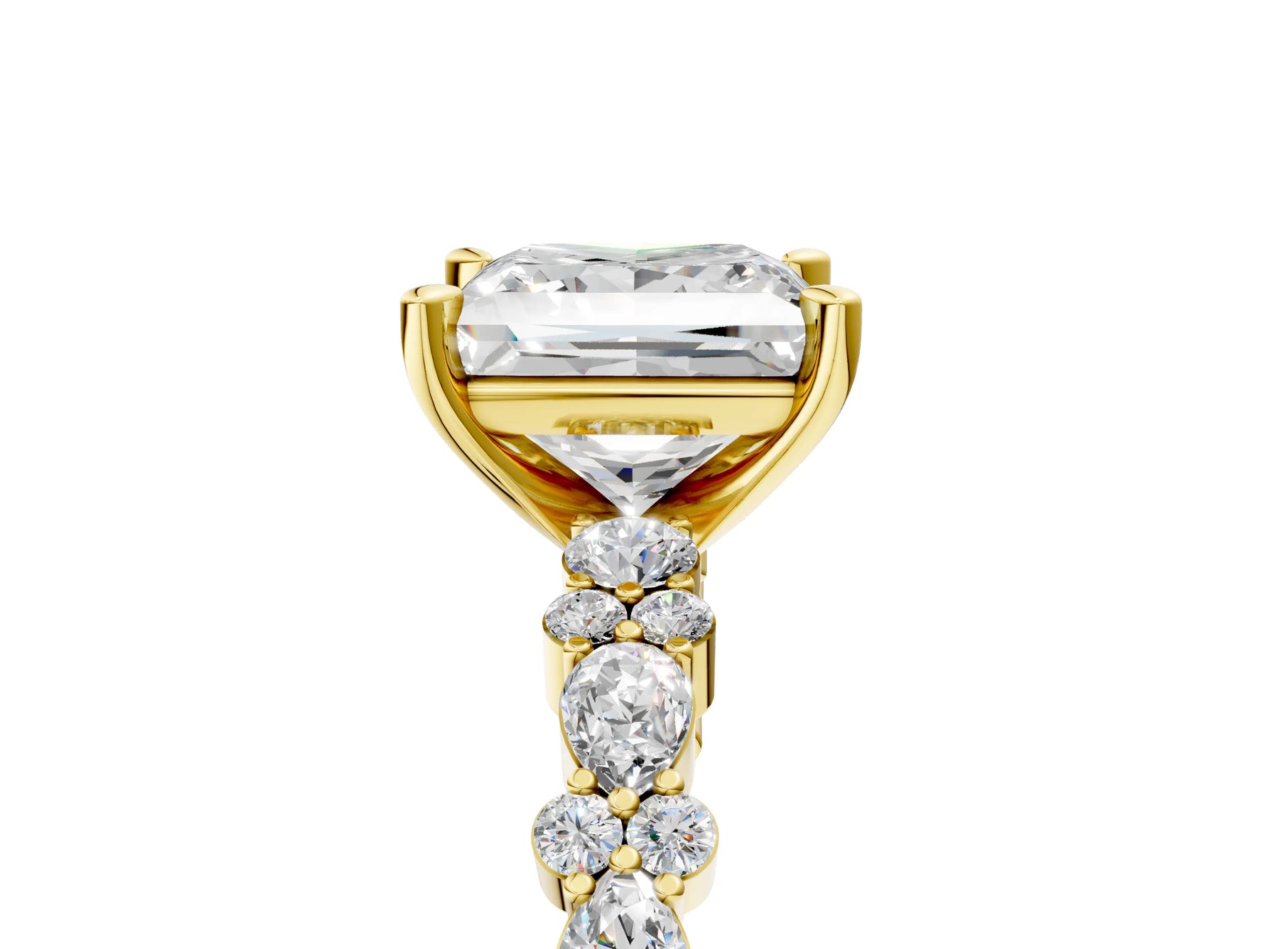 Princess Cut Diamond Solitaire Ring in Yellow gold with Pear and Round Cluster Band_17
