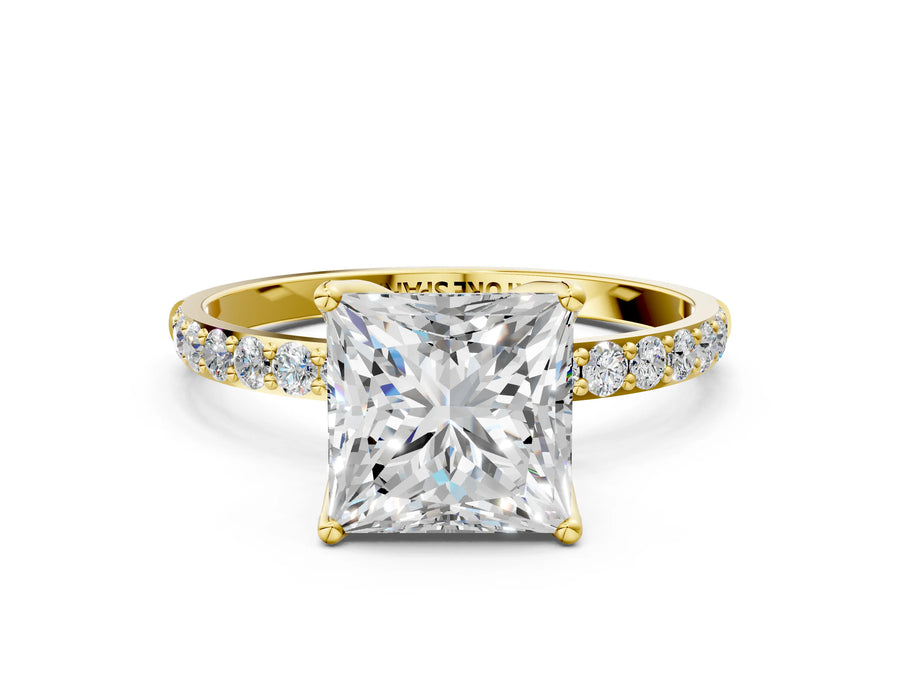 Princess Cut Diamond Solitaire Ring in Yellow gold with Round Shared Prong Pavé Band
