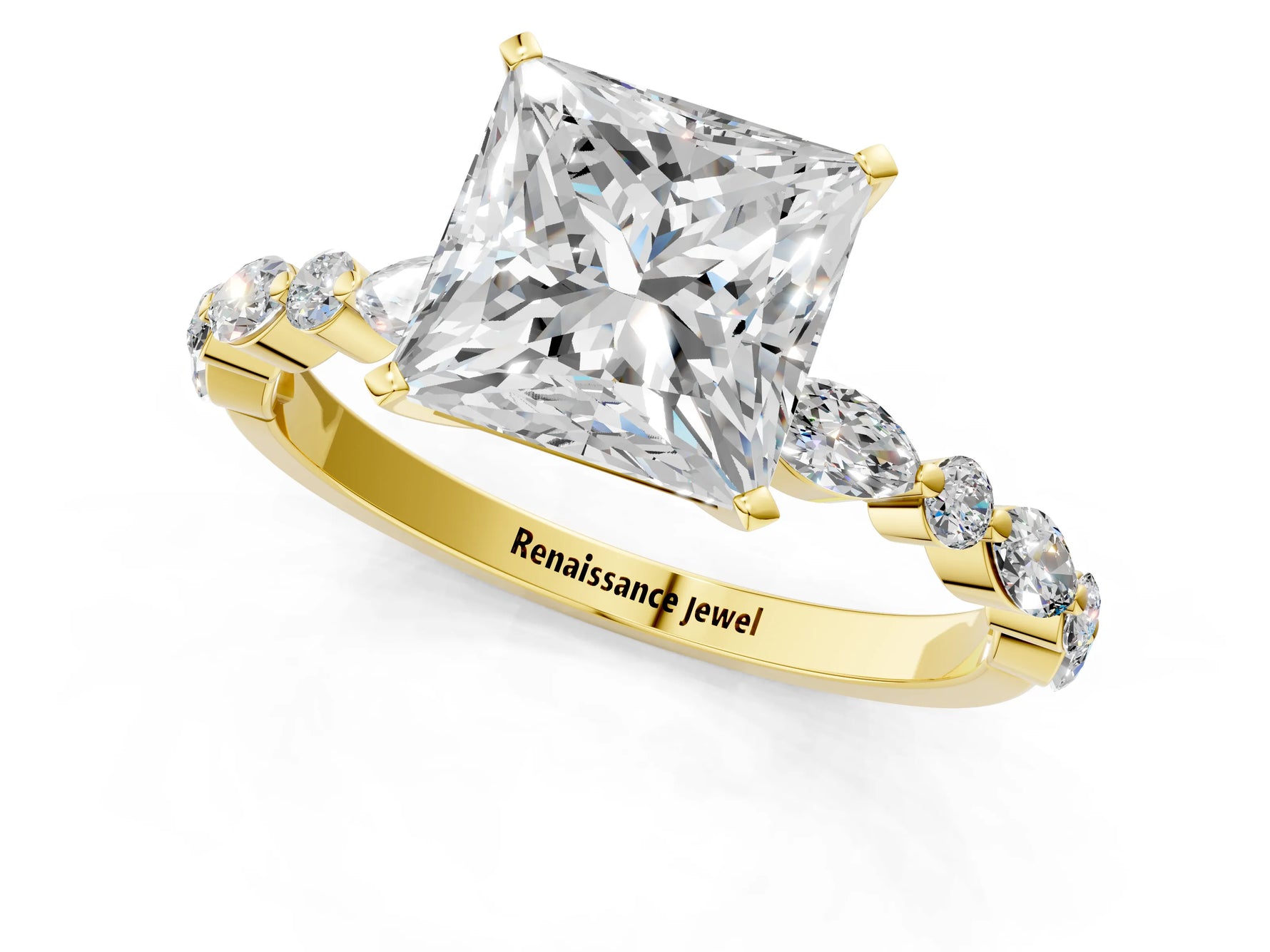 Princess Cut Diamond Solitaire Ring in Yellow gold with Shared Prong Marquise and Round Side Stones_13