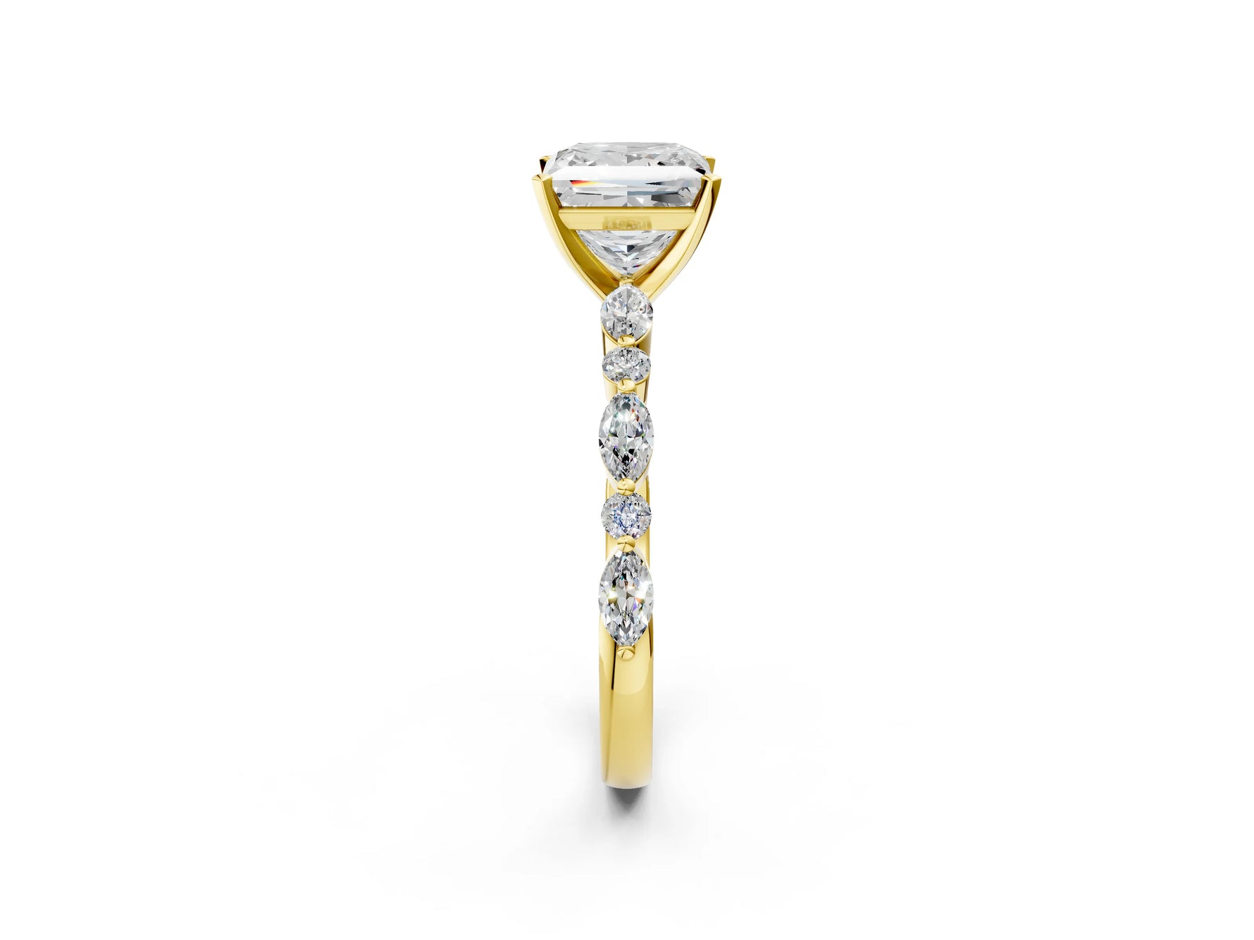 Princess Cut Diamond Solitaire Ring in Yellow gold with Shared Prong Marquise and Round Side Stones_14