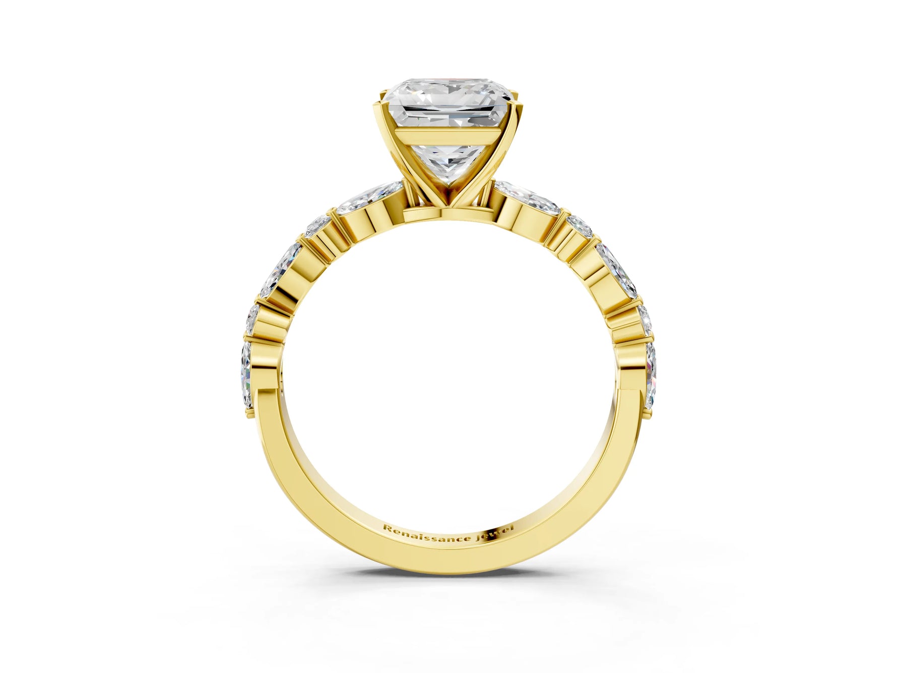Princess Cut Diamond Solitaire Ring in Yellow gold with Shared Prong Marquise and Round Side Stones_15