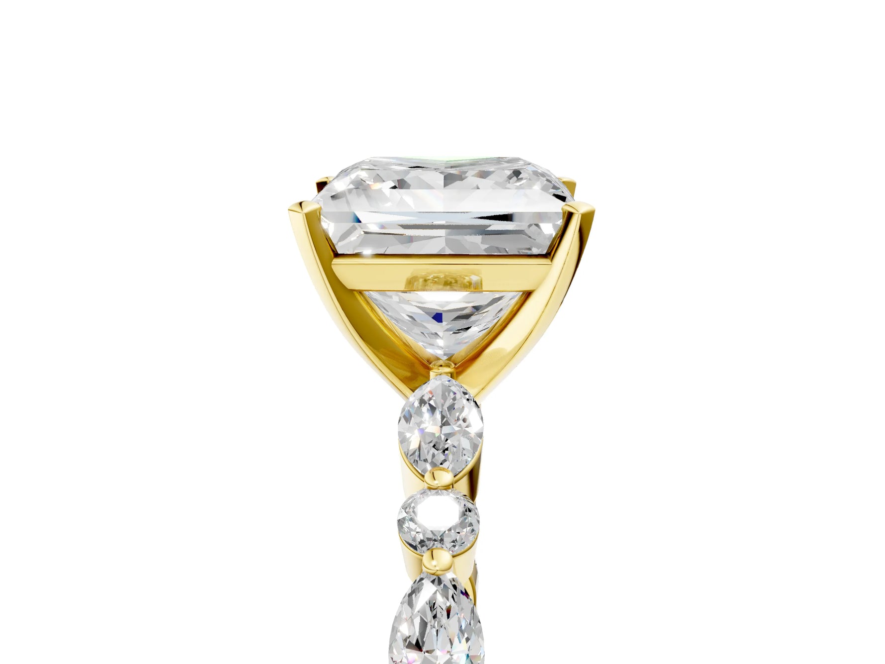 Princess Cut Diamond Solitaire Ring in Yellow gold with Shared Prong Marquise and Round Side Stones_17
